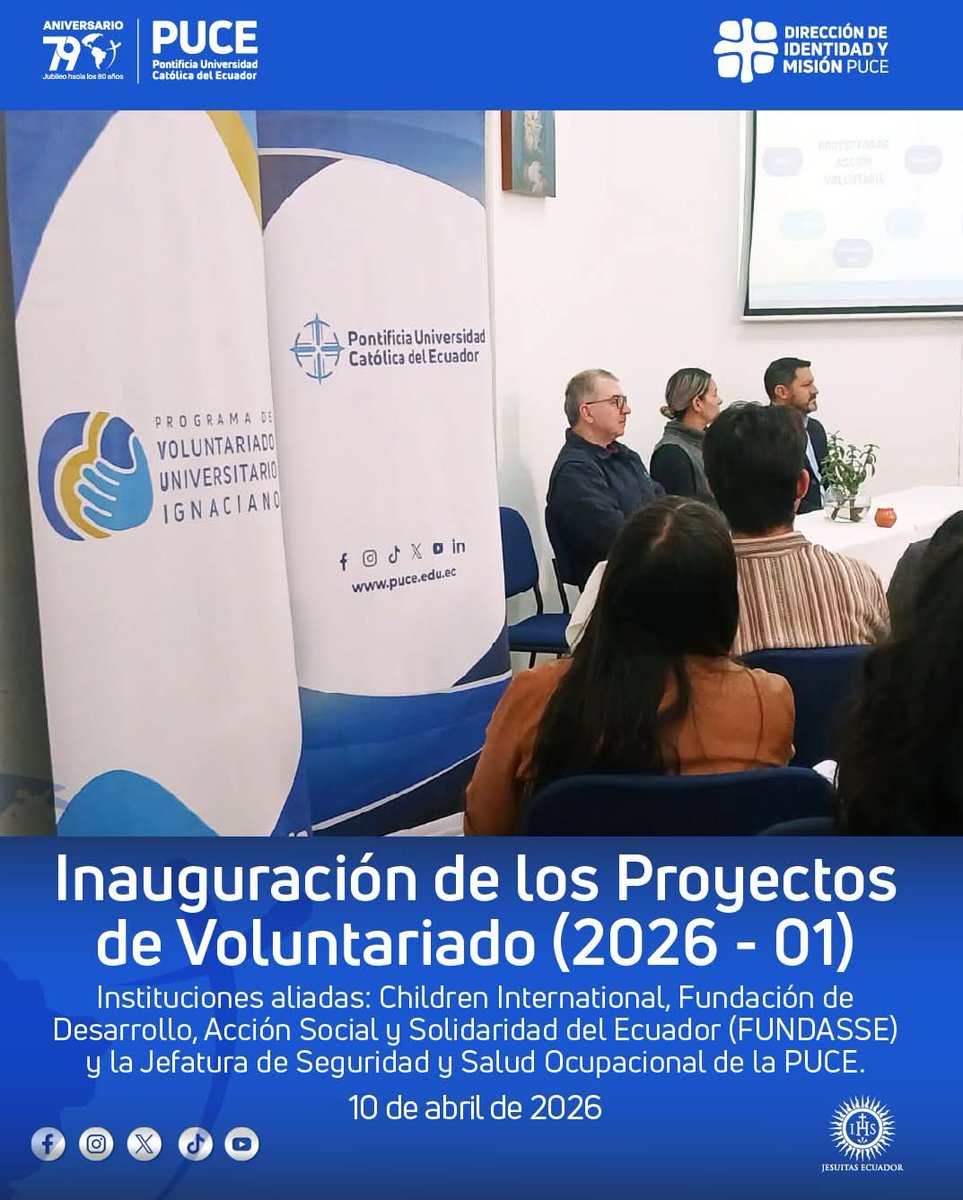 PUCEDIM's tweet photo. ✨ ¡Iniciamos con energía y compromiso nuestro Programa de Voluntariado  Universitario Ignaciano -  PUCE del período 2026 - 01! ✨

✅ El viernes 10 de abril se realizó la inauguración de los Proyectos de Voluntariado 2026 - 01, con un evento lleno de inspiración y propósito. https://t.co/f74TRtjBUx