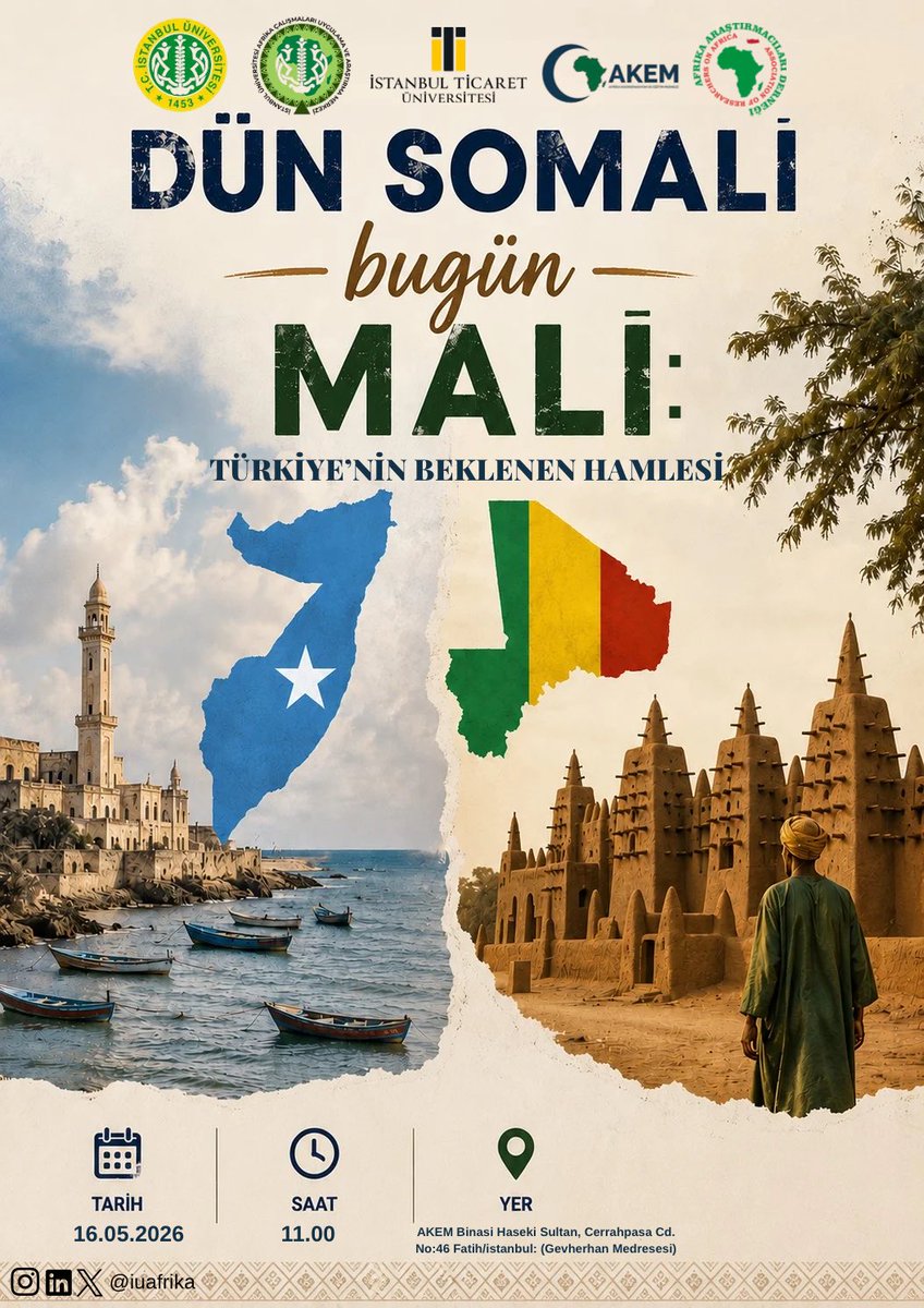 iuafrika's tweet photo. “Dün Somali Bugün Mali: Türkiye’nin Beklenen Hamlesi” başlıklı programımızda;Mali’de 25 Nisan itibariyle meydana gelen olayların bizzat bölgenin ve konunun uzmanları tarafından ele alınacağı programımıza katılımınızı bekliyoruz. https://t.co/6btxeRAF5K