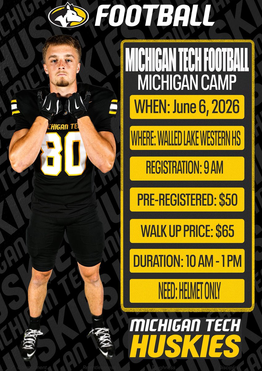 CoachRustman's tweet photo. Camp season is here!  Come get evaluated and find out what it means to be a Husky!  #CRTD @MTUFB 

3 opportunities to get eyes on you

☑️ June 6th Prospect camp at WLW
☑️ June 22nd Big man camp at MTU
☑️ June 23rd Skills camp at MTU

https://t.co/gTBCnM0iTa https://t.co/XDtgaXt7XN