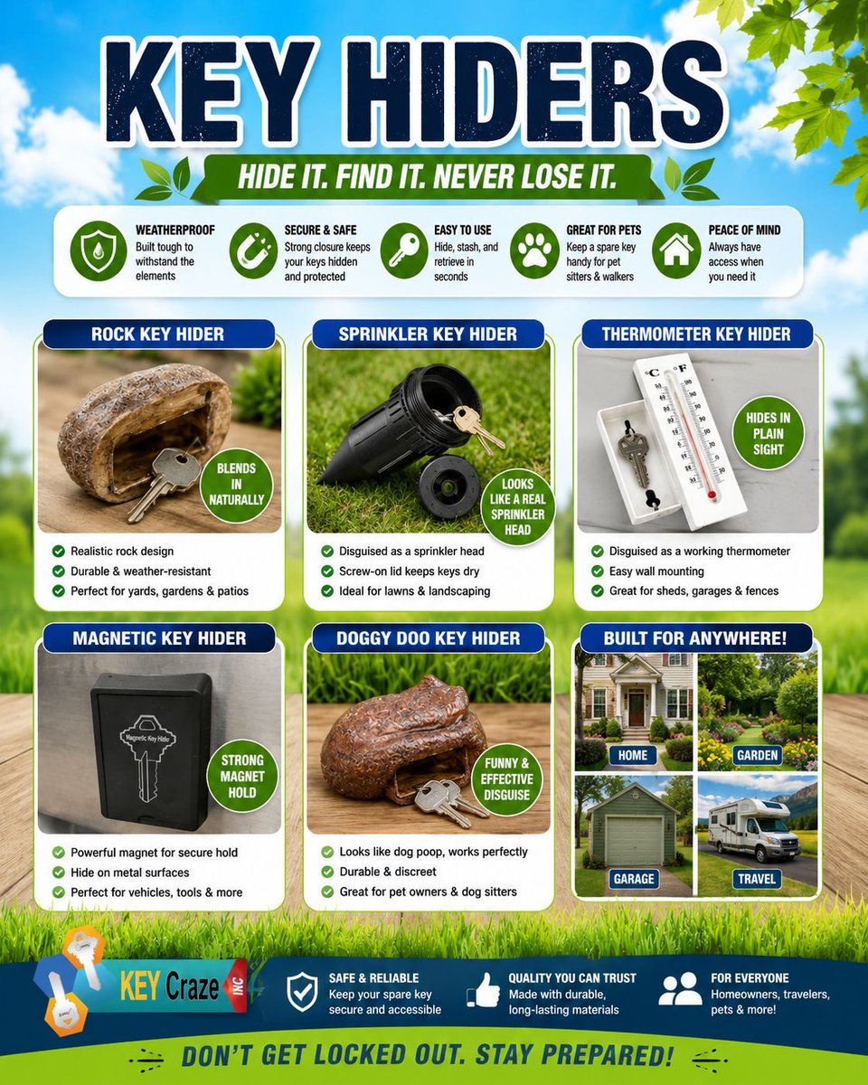 keycraze's tweet photo. Our Key Hiders are here to save from a lockout!
There are many creative and discreet options to choose from.
Enjoy Summer without getting locked out of your house or car!
All our key hiders come in single retail pack and also as a display. https://t.co/SszoRF31Af