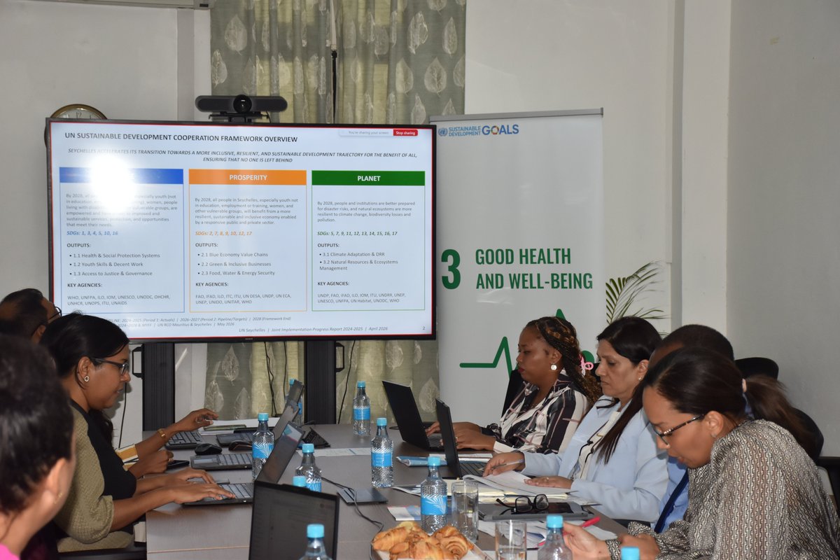 UNinSeychelles's tweet photo. The People Results Group meeting, chaired by PS Susan Morel &amp; Dr. Rex Mpazanje @WHOSeychelles this morning, reviewed progress across health systems, youth employment, access to justice &amp;social protection &amp; discussed priorities for the year &amp; opportunities for joint programming https://t.co/Pj1g70dhoQ