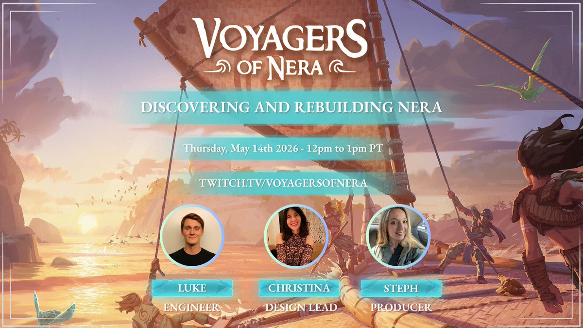VoyagersofNera's tweet photo. Join Christina, Luke and Stephanie to talk about discovering and rebuilding Nera with some of our new features coming in our Summer patch :D

🗓️Tune in @ 12pm PT

https://t.co/z52qTtq5XC https://t.co/52FzTJsoIz