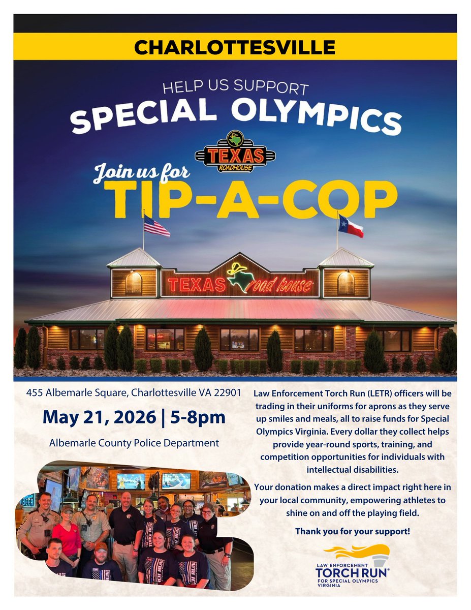 ACPD_VA's tweet photo. ACPD officers are swapping badges for aprons on May 21 for Tip-A-Cop at Texas Roadhouse! Join us from 5–8 p.m. as officers help serve meals, collect donations, and support Special Olympics Virginia. https://t.co/Zt6eezZLhx