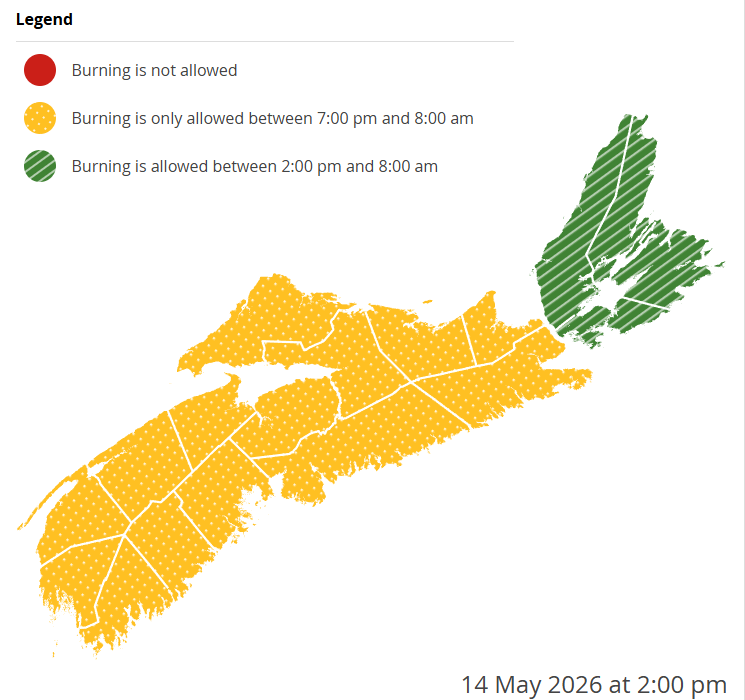 NS_DNR's tweet photo. Burning is not permitted between 8am and 2pm. 

Check before you burn and know your municipal bylaws. 

https://t.co/nEMLDfeFq5 https://t.co/KbicXsgmY5