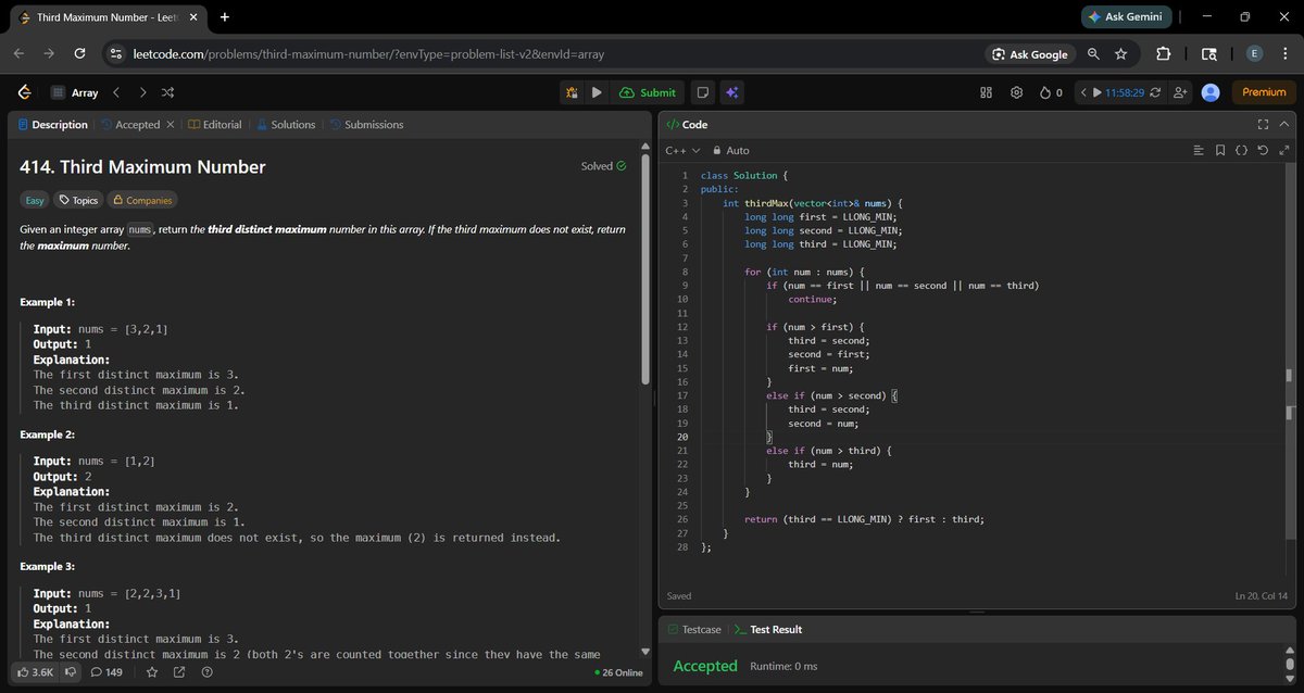 _a_m_i_t_1's tweet photo. Day 683 of #700DaysOfCode
Solved Third Maximum Number using an efficient greedy approach.
#cpp #leetcode https://t.co/22Mh7c17ya