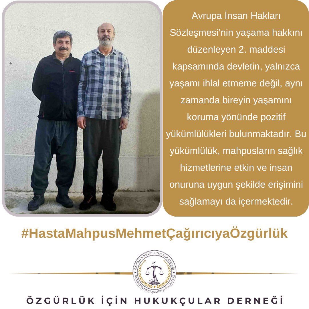 ohdgenelmerkez's tweet photo. Mehmet Çağırıcı, mevcut hastalıklarıyla baş etme gücünü büyük ölçüde yitirmiş, gerekli tıbbi müdahalelerin yapılmaması ve tedavi süreçlerinin engellenmesi, telafisi imkânsız sonuçlara yol açacaktır. Bu uygulama açıkça işkence ve diğer kötü muamele kapsamındadır ve yaşam hakkına yöneliktir.

#HastaMahpusMehmetÇağırıcıyaÖzgürlük