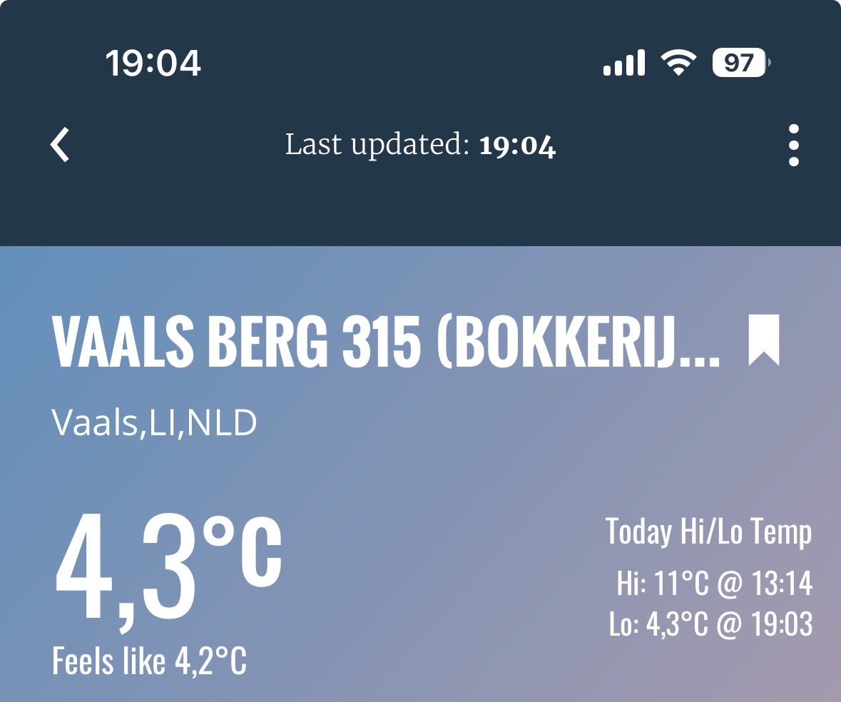 bock_auf_snow's tweet photo. Slechts 4,3 oC op de #vaalserberg om 19u. Rest van NL significant warmer. #ijsheiligen #vijlen #schutterij. https://t.co/NQBlLsHTDv