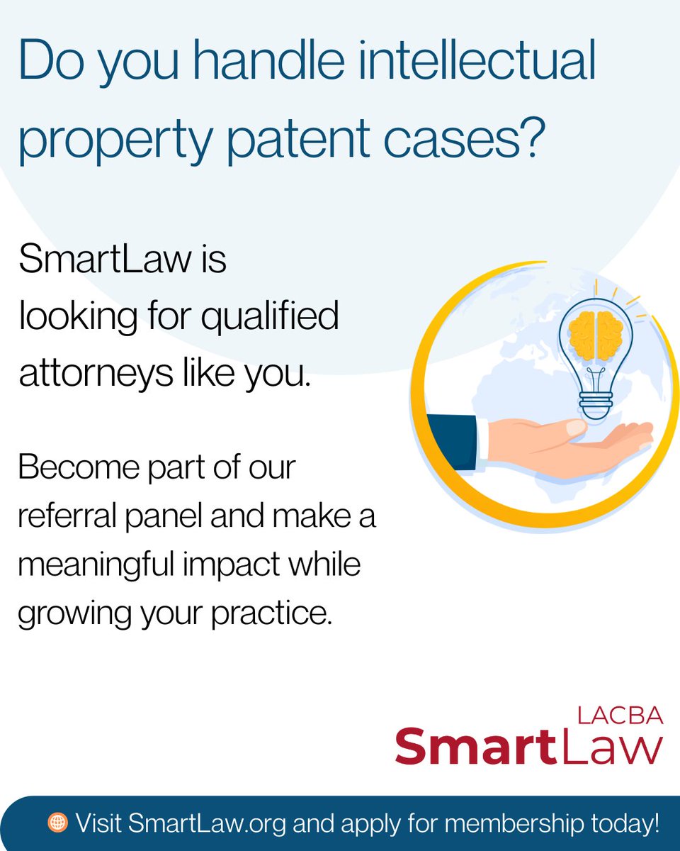866SmartLaw's tweet photo. Innovation deserves strong legal protection and clients deserve trusted counsel. ⚖️ SmartLaw welcomes Intellectual Property and Patent Attorneys to explore membership in our trusted referral network. Connect with qualified clients, expand your visibility, and grow your practice alongside one of Los Angeles’ leading lawyer referral services. Turn your experience into new opportunities with SmartLaw.