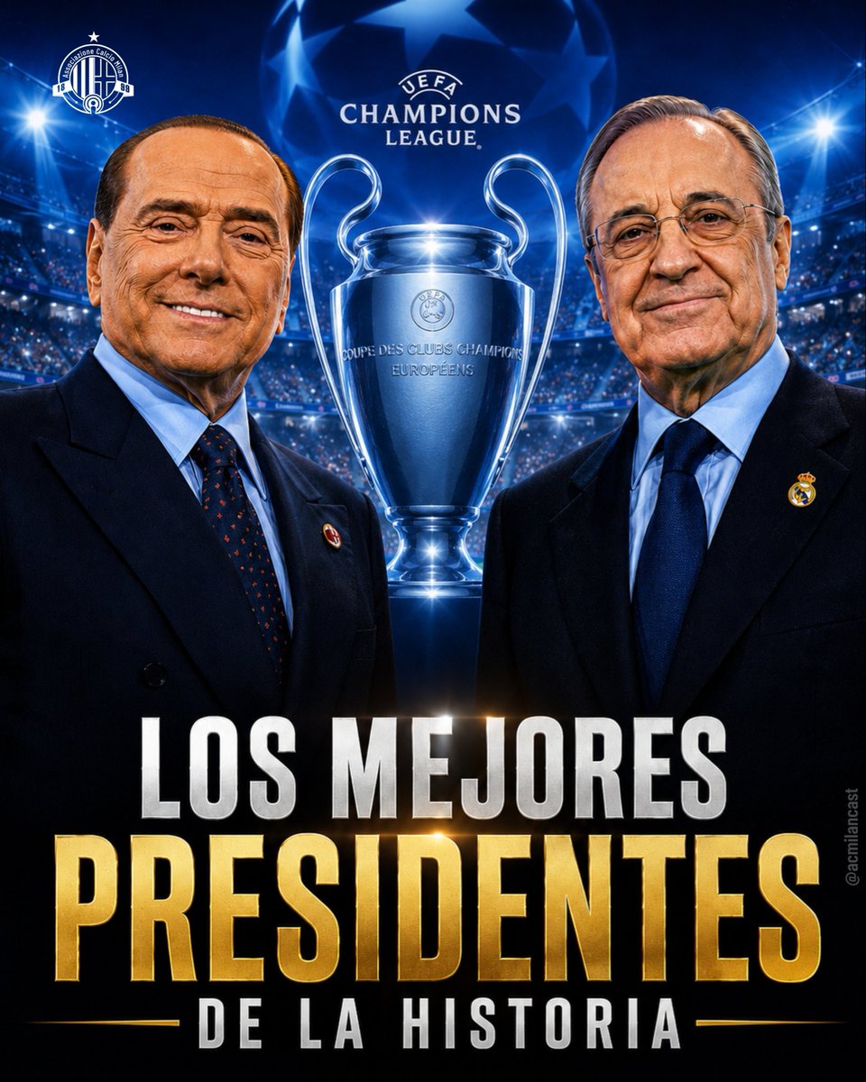 alaimofootball's tweet photo. 👑Florentino Pérez 🤝 Silvio Berlusconi

⚪️🔴⚫️Dos presidentes que dominaron Europa y cambiaron para siempre el fútbol moderno.

🏆*FLORENTINO PÉREZ - 37 títulos con el Real Madrid:
✨ 7 Champions League
✨ 7 Mundiales de Clubes / Intercontinentales
✨ 7 Ligas de España
✨ 7 Supercopas de España
✨ 6 Supercopas de Europa
✨ 3 Copas del Rey
*en activo

🏆 SILVIO BERLUSCONI - 29 títulos con el AC Milan:
✨ 5 Champions League
✨ 8 Serie A
✨ 7 Supercoppas de Italia
✨ 5 Supercopas de Europa
✨ 3 Mundiales de Clubes / Intercontinentales
✨ 1 Coppa Italia

📌66 títulos oficiales entre dos dirigentes que no solo construyeron equipos históricos, construyeron dinastías.