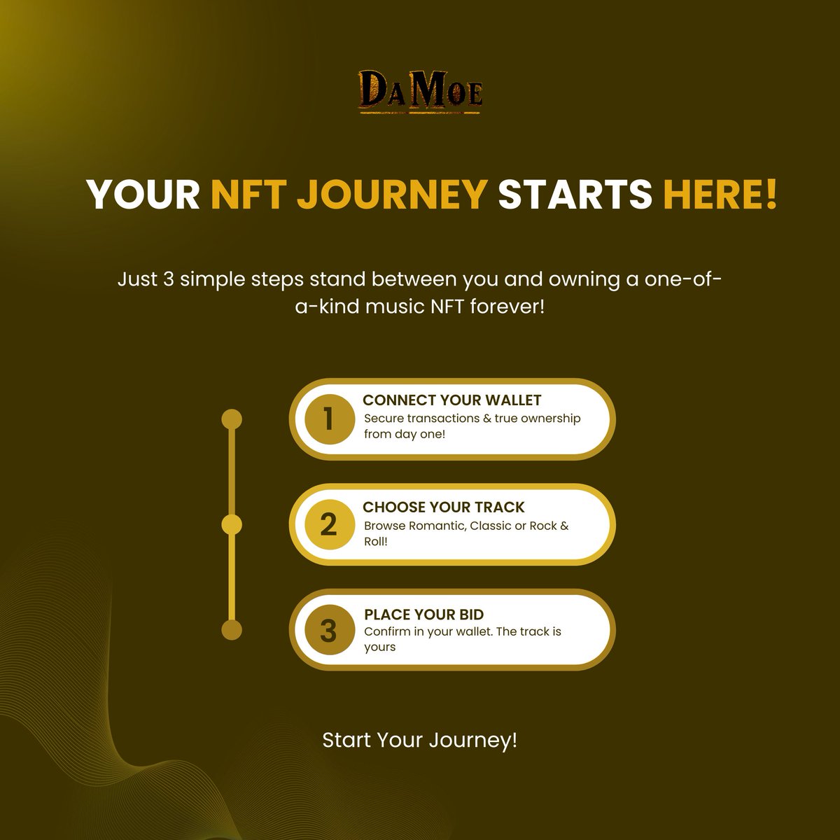 DaMoeofficial's tweet photo. Your NFT journey is just 3 steps away!👛

1⃣ Connect your wallet. 
2⃣ Choose your track. 
3⃣ Place your bid. 

And just like that, a 1-of-1 DaMoe NFT is permanently yours on the blockchain! 🎵

No complicated process. No confusing steps. Just pure, simple, real ownership! 🔗

Romantic. Classic. Rock & Roll. Pick your genre and own it forever! 💎

Start your journey today at https://t.co/ovb3Dy6OL5! 🌐

#Crypto #Music