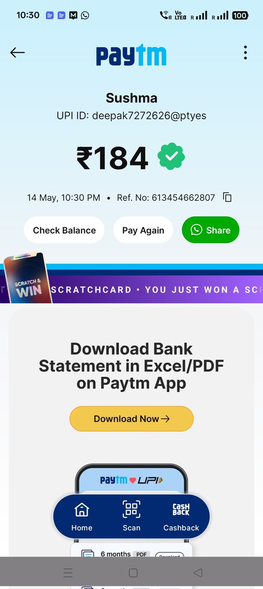 ca_akkee's tweet photo. @Paytmcare @Paytm 

Please block this UPI account 
deepak7272626@ptyes

I paid 184 rs and he blocked me. https://t.co/SlrUx67Xuz