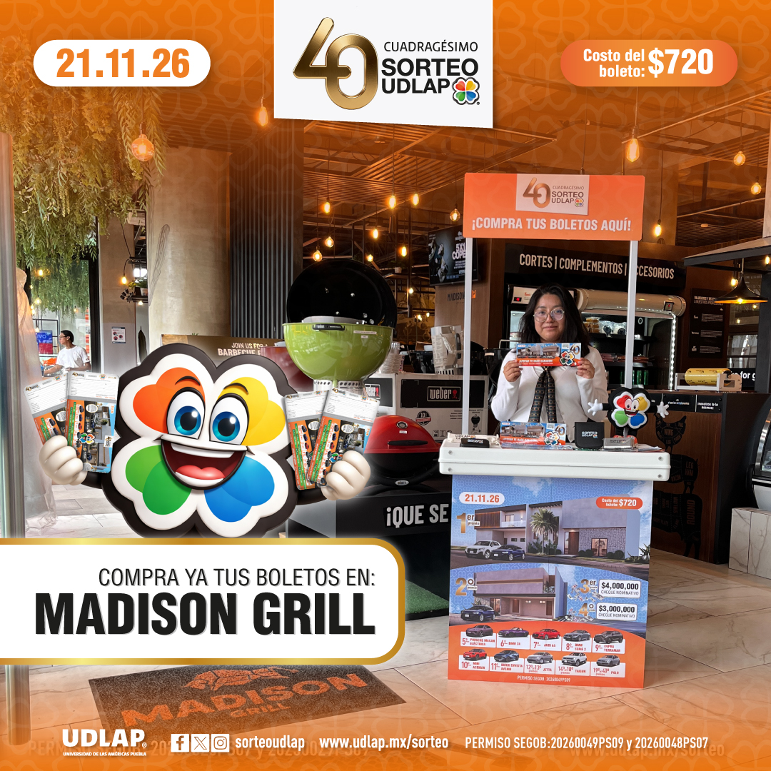 SorteoUDLAP's tweet photo. ¡Ya puedes adquirir tus boletos del Cuadragésimo Sorteo UDLAP en Madison Grill Puebla! Visítanos y obtén el 15% de descuento en tu consumo solo por comprar tu boleto aquí.🤩 #ApoyarTeHaceGanador https://t.co/BLx03SG6tE