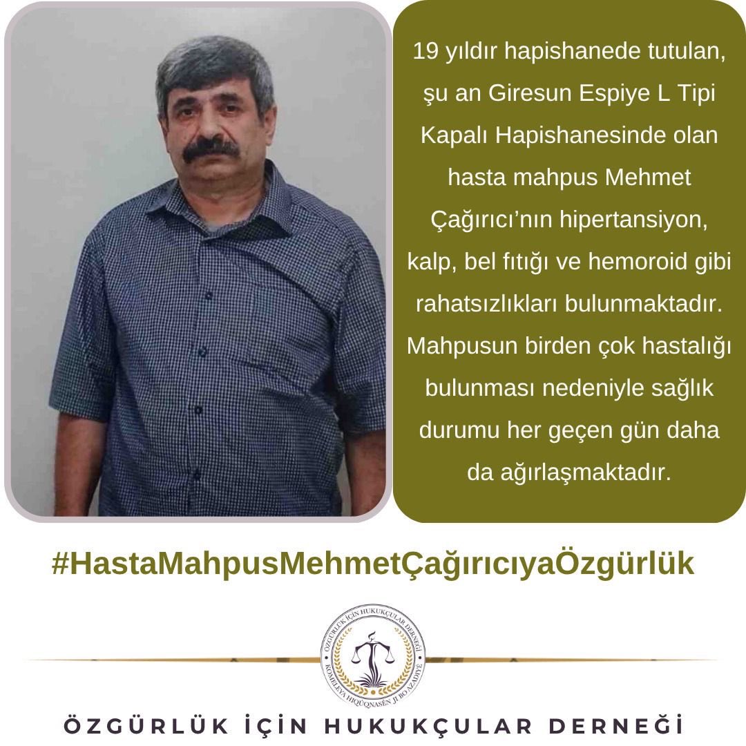 babatasss's tweet photo. 19 yıldır hapishanede tutulan, şu an Giresun Espiye L Tipi Kapalı Hapishanesinde olan hasta mahpus Mehmet Çağırıcı’nın hipertansiyon, kalp, bel fıtığı ve hemoroid gibi rahatsızlıkları bulunmaktadır. Mahpusun birden çok hastalığı bulunması nedeniyle sağlık durumu her geçen gün daha da ağırlaşmaktadır.
#HastaMahpusMehmetÇağırıcıyaÖzgürlük