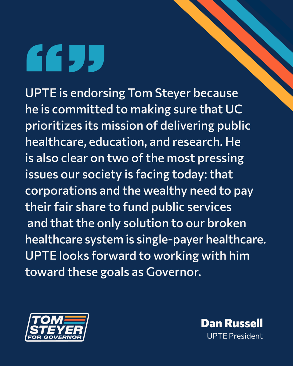 TomSteyer's tweet photo. UPTE-CWA’s commitment to fairness, equity, and public service reflects the values that guide my campaign. 

I look forward to partnering with them to build a state grounded in opportunity, inclusion, and shared prosperity.

@UPTECWA https://t.co/1JsCeEma5J