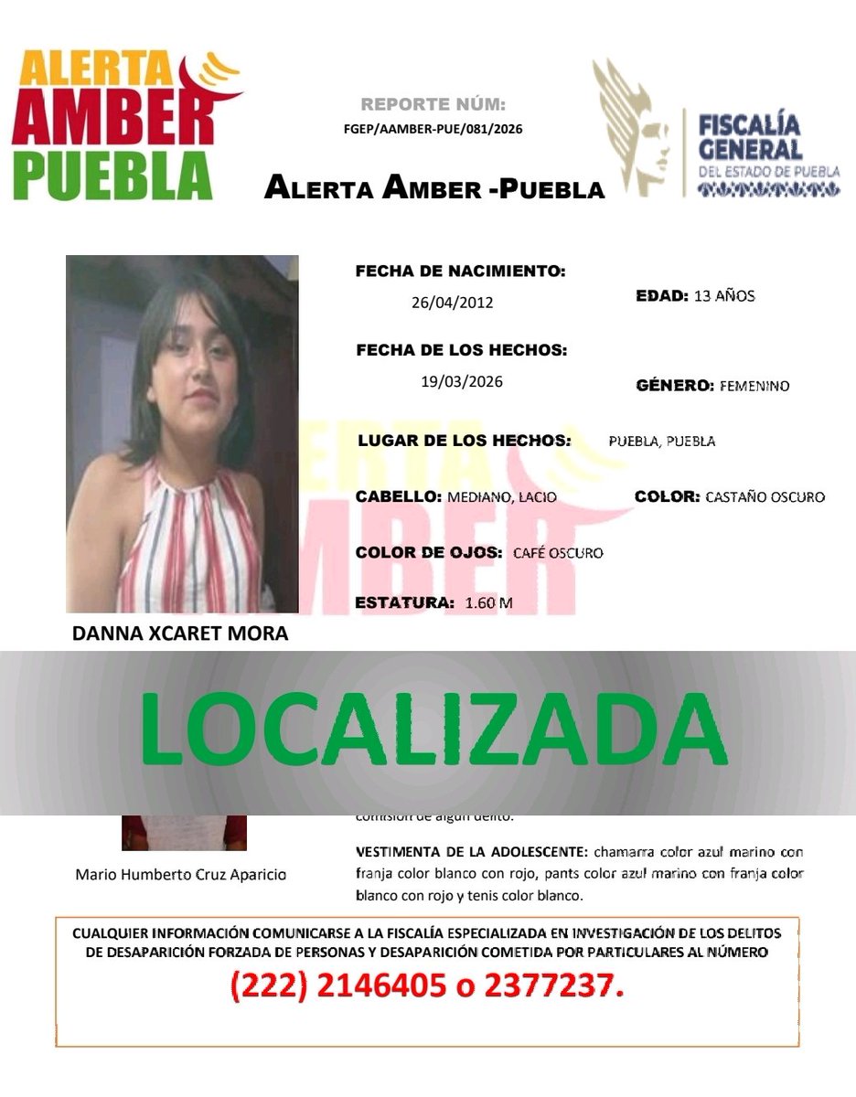 aamber_pue's tweet photo. La #AlertaAmber para la adolescente DANNA XCARET MORA VÁZQUEZ, de 13 años de edad, y para el adolescente MARIO HUMBERTO CRUZ APARICIO, de 14 años de edad, se desactiva debido a su localización. https://t.co/aAkwjRSOJI