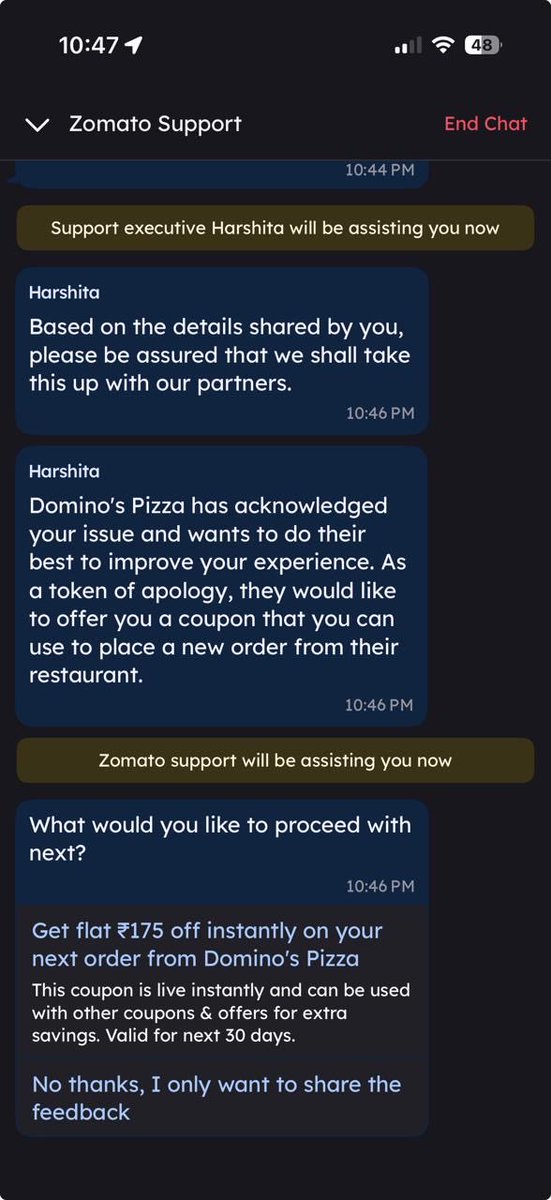 saurbs23's tweet photo. @zomatocare Restaurant and/or delivery partner causes a spillage. Yet you are forcing a coupon for the same restaurant and no option to talk to agent. 
I want a refund to source account. https://t.co/7UMYboqcjf
