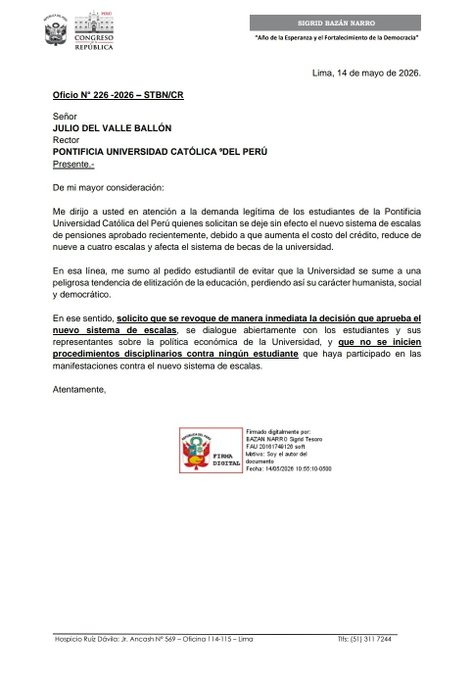 sigridbazan's tweet photo. #URGENTE Frente al rechazo de la comunidad estudiantil al nuevo sistema de escalas aprobado por la PUCP, he oficiado al rector exigiendo:

1. Que se REVOQUE esta nefasta decisión

ABRO HILO 🧵 [1/4] https://t.co/OXcwAgyB0d