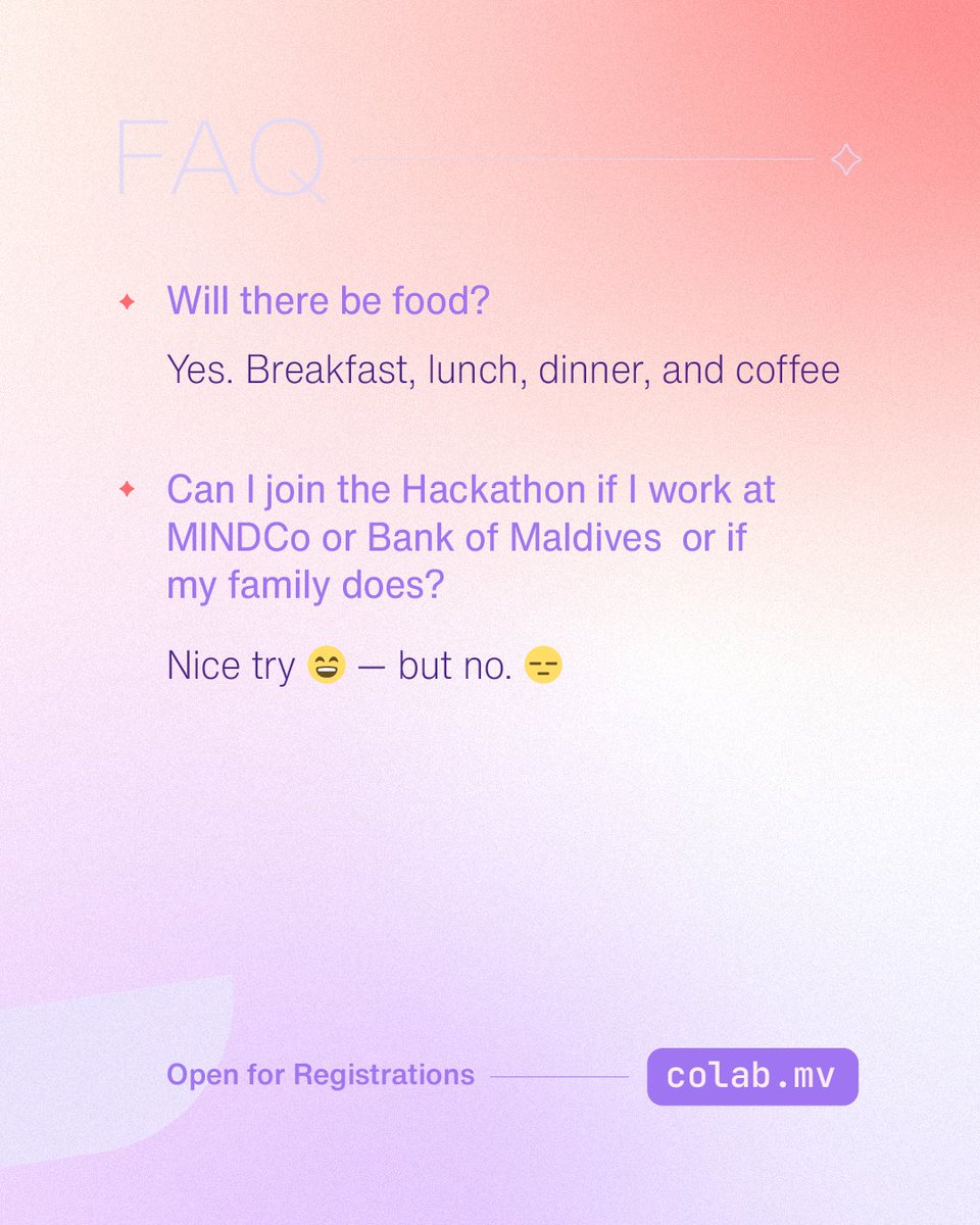 colabmv's tweet photo. Thinking of joining the Co.Lab 2026 Hackathon?

We’ve covered some of the key details to help you prepare. 

Explore the FAQs and get ready to build something amazing!

#CoLab2026 #BML #MINDCo #Maldives2Point0 https://t.co/DXHeFTXJjt