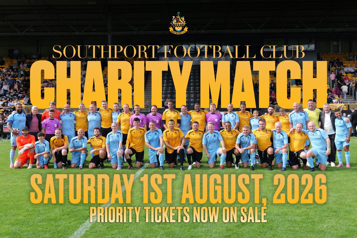 southport_fc's tweet photo. The charity match returns to Haig Avenue this August… and this year it’s going to be even bigger 💛

After an incredible day last year that saw over £48,000 raised for families across Southport, we’re coming back together once again for another unforgettable day for our community.

Priority tickets are now available for supporters who attended last year’s match, with general sale opening next week.

Expect more celebrities, familiar faces from last year, entertainment, atmosphere and a brilliant family day at Haig Avenue ⚽️

We’re expecting this one to sell out and together, let’s see if we can raise even more this time around.

📆 Saturday 1st August 2026

🎟️ Terrace
Adult £14.50
U18 £9.50

🎟️ Seated
Adult £19.50
U18 £12.50

#ONEPORT