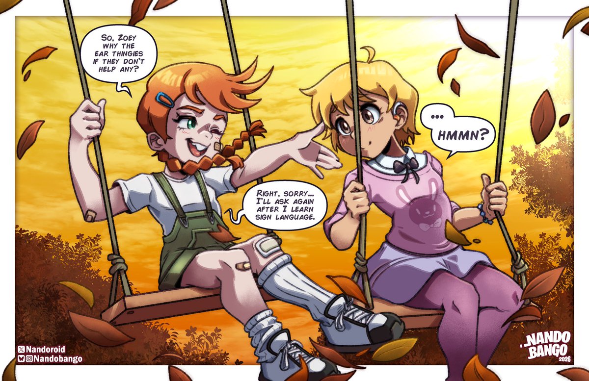 Nandoroid's tweet photo. Beanie &amp; Zoey on the swingset.
- Commission for anon https://t.co/HMA7y26P0e