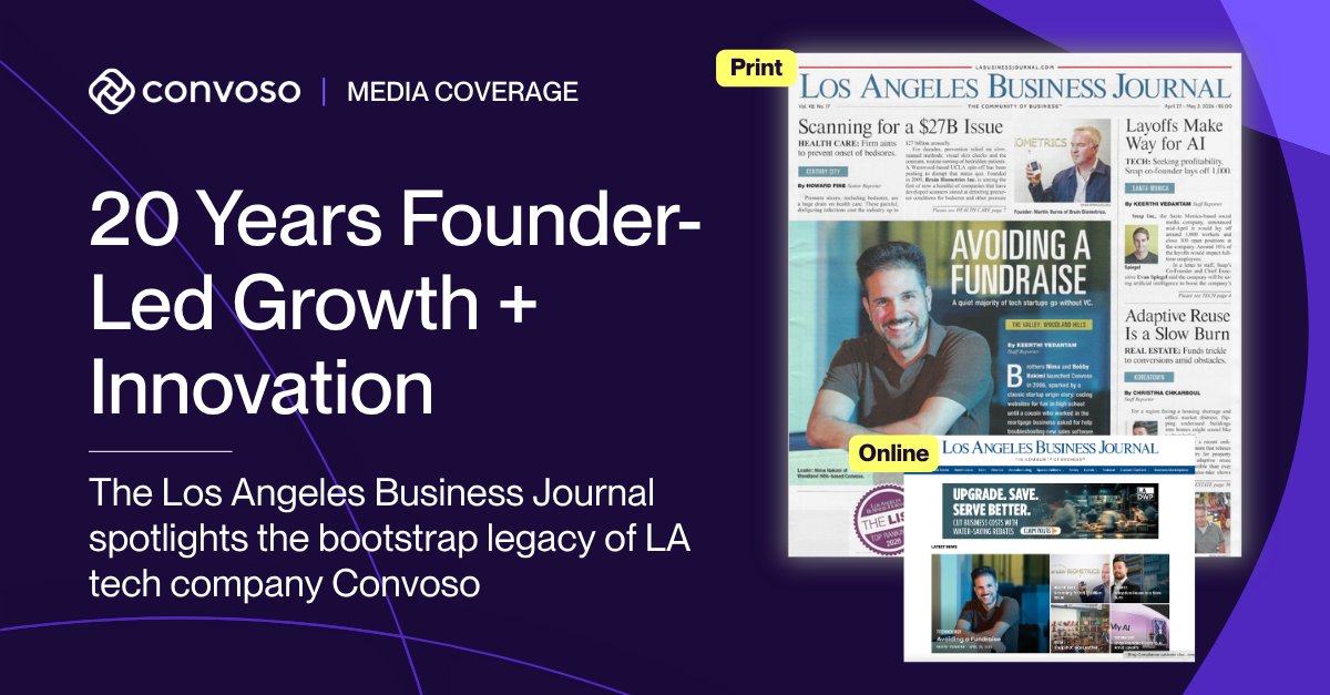 convoso's tweet photo. No investors. No outside funding. Front page of the
@LABJnews. 📰

Nima and Bobby Hakimi built @convoso from a coding hobby in 2006 into a leading outbound contact center platform with 40% CAGR, AI capabilities, and a Salesforce integration. 

20 years. All on their own terms.

Full feature at the link below. 👇

#Convoso #LATech #Bootstrapped