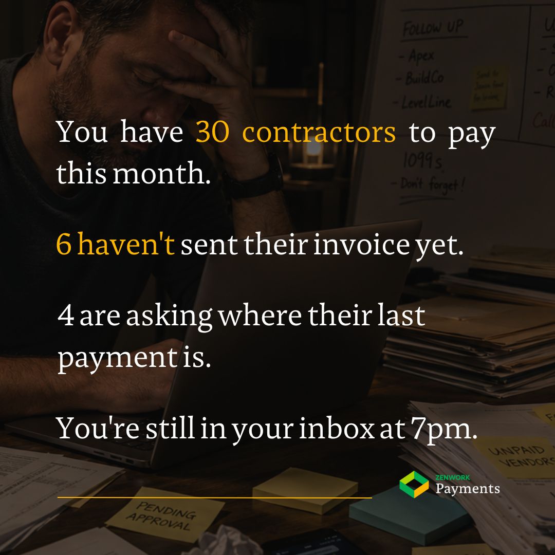 ZenworkPayments's tweet photo. Contractor payments shouldn't require this much back and forth.

Missing invoices. Unconfirmed bank details. Manual follow-ups. Payments you thought went out - that didn't. https://t.co/o98FL11TjK