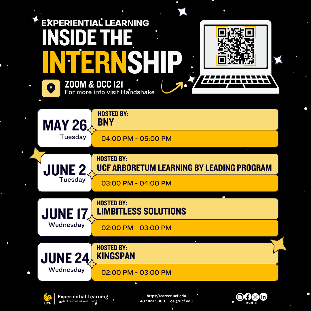 ucf_el's tweet photo. 💼 Ready to get a deeper dive on the internship experience? 

Join our Inside the Internship workshop series to hear directly from employers about their internship programs, what they look for in an intern, how to stand out, and what to expect in the workplace.🌟

🧵 https://t.co/5VrZ2Lu4NA
