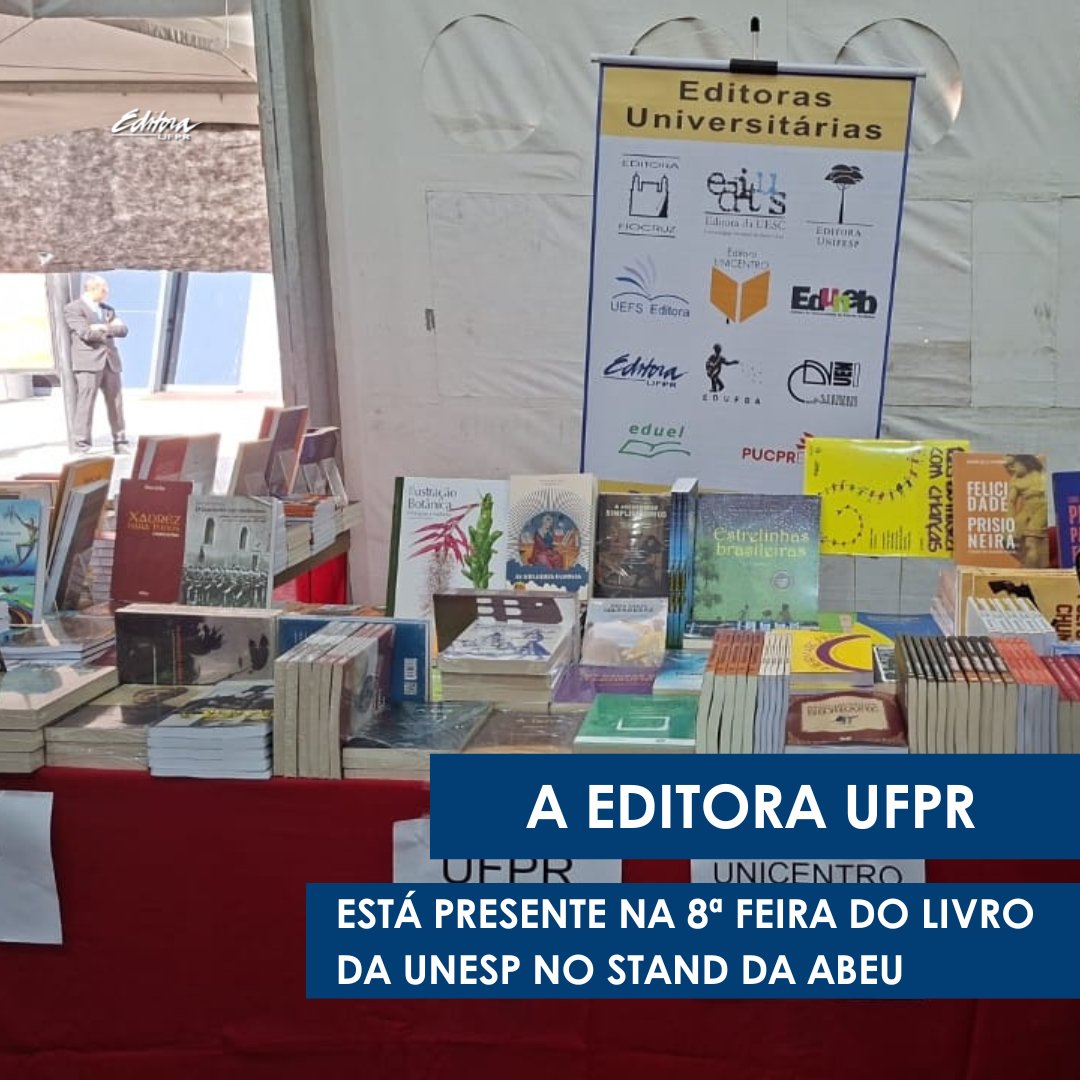 EditoraUFPR's tweet photo. 📚 A Editora UFPR está na 8ª Feira do Livro da Unesp!
Participe do stand da ABEU e aproveite 50% de desconto em todos os nossos títulos. 🚀
#EditoraUFPR #FeiraDoLivro #ABEU #Desconto @UFPR https://t.co/Xu8T2JRQtg