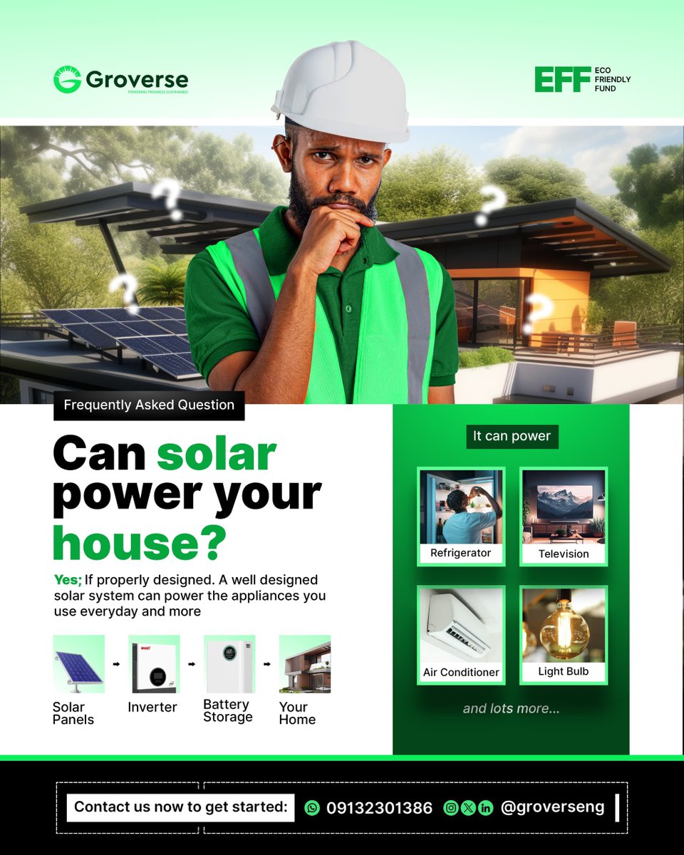 Groverseng's tweet photo. Can solar power your house? ⚡️ Yes, it can! Power your home sustainably with Groverse and the Eco Friendly Fund.
Contact us to get started:
📞 09132301386 or
         https://t.co/t0aL93r38c
🌐 @Groverseng https://t.co/SdfZqnZac6