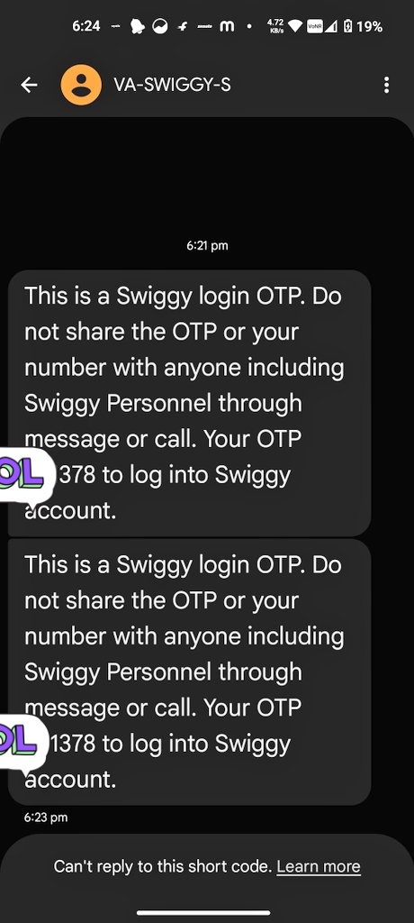 Prajwalkumar080's tweet photo. Hello @Swiggy How am I getting the same login otp every time? Isn't it a security issue from your side? https://t.co/F5S8Ol4w7Q