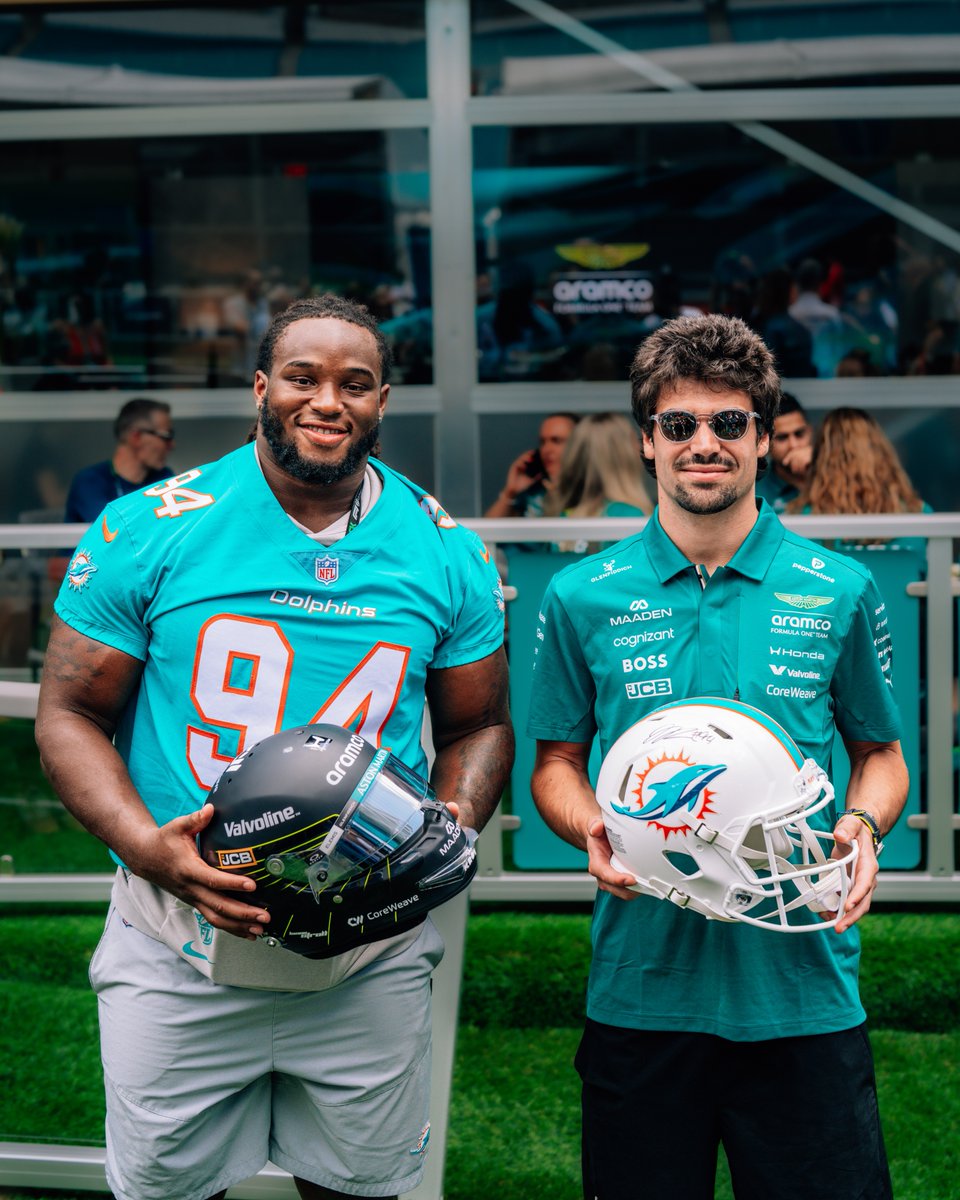 AstonMartinF1's tweet photo. At the #MiamiGP, @lance_stroll and Jordan Phillips from the @MiamiDolphins swapped helmets.

With @AtlasAirWW, we’re auctioning the helmets in support of @Movember.

Find out more: https://t.co/MfCaxQJvnd https://t.co/Wgd0Cv7Oy3