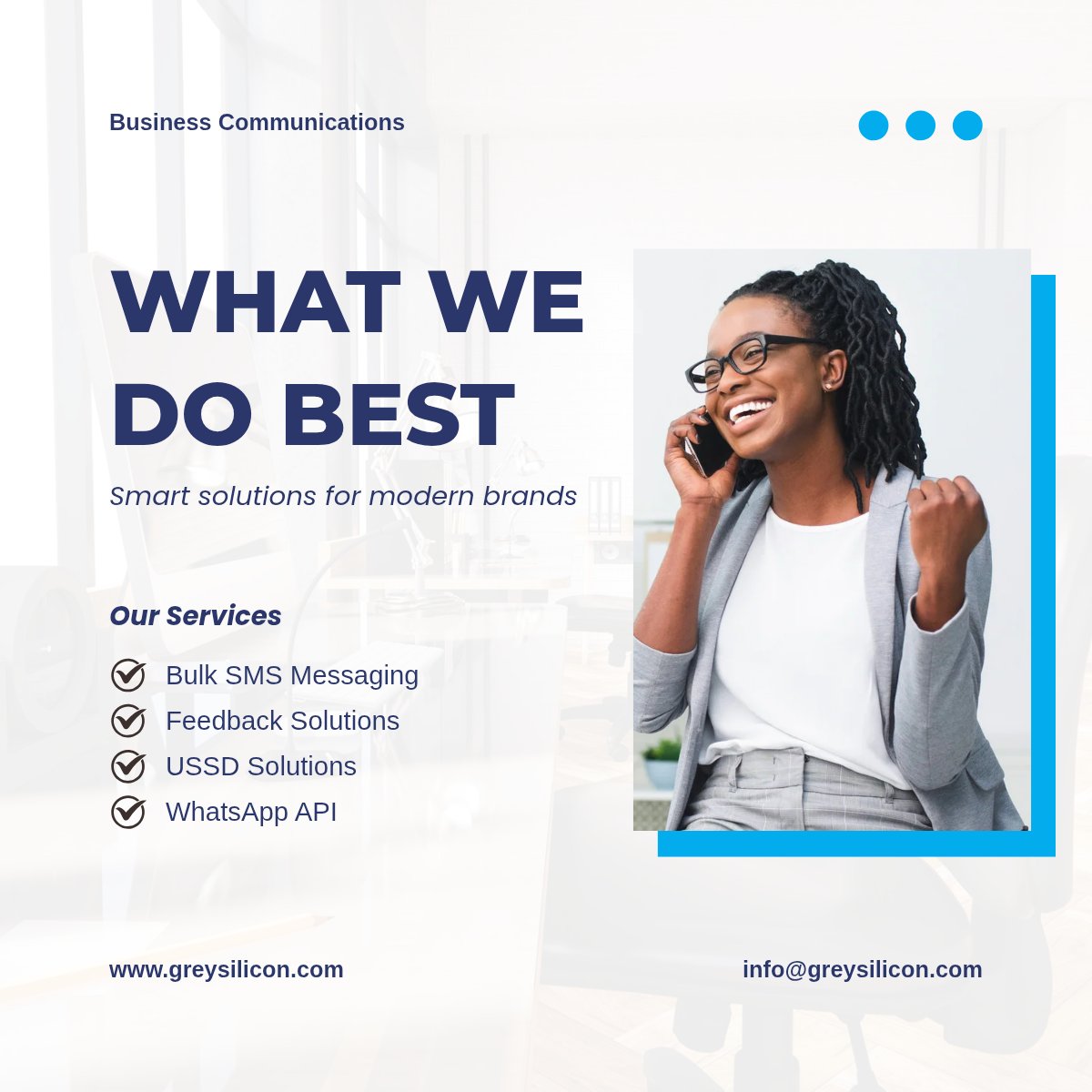 greysilicon47's tweet photo. We empower modern brands through smart communication. From Bulk SMS and WhatsApp API to USSD and feedback solutions, we bridge the gap between you and your customers effortlessly. 

#GreySilicon
#BusinessCommunications https://t.co/i9kKWuCvhY