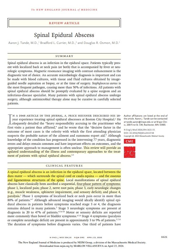 SOMELaguna's tweet photo. 🧠🦠Absceso Espinal Epidural

🔰📚N Engl J Med 2026

DOI: 10.1056/NEJMra2412728

Enlace a Artículo Completo👇🏻🆓✅
https://t.co/rPEDXf5xvO https://t.co/xCXiK21CDq