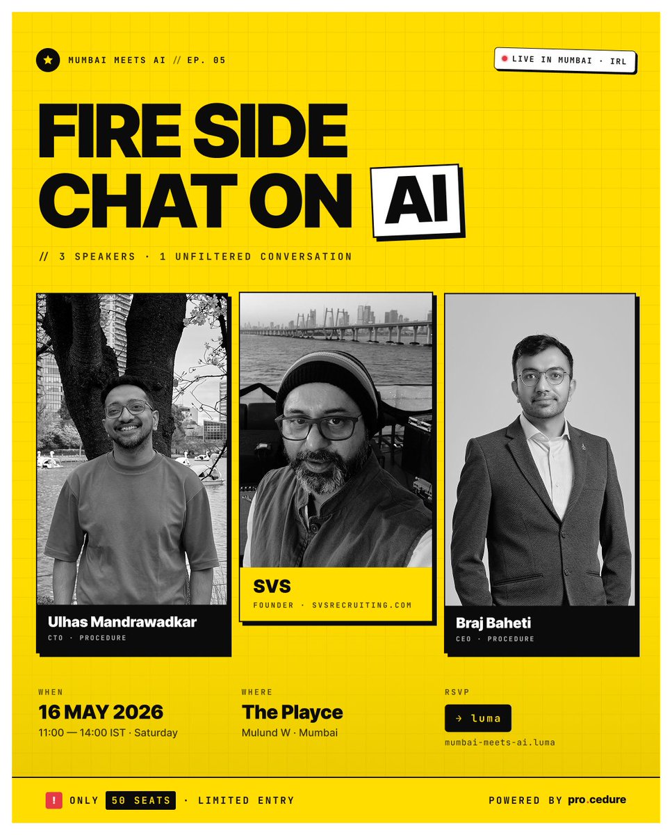 mumbaimeets_ai's tweet photo. Three sharp perspectives. One unfiltered AI conversation.
@_svs_  @oolhaas &amp; @BrajkishorB  come together for a fireside chat on AI, real workflows, and what’s changing beyond the hype.

Limited seats available, so secure your spot now.
Register now: https://t.co/Jm8PvwWPtR https://t.co/Zvw0GyGL6B