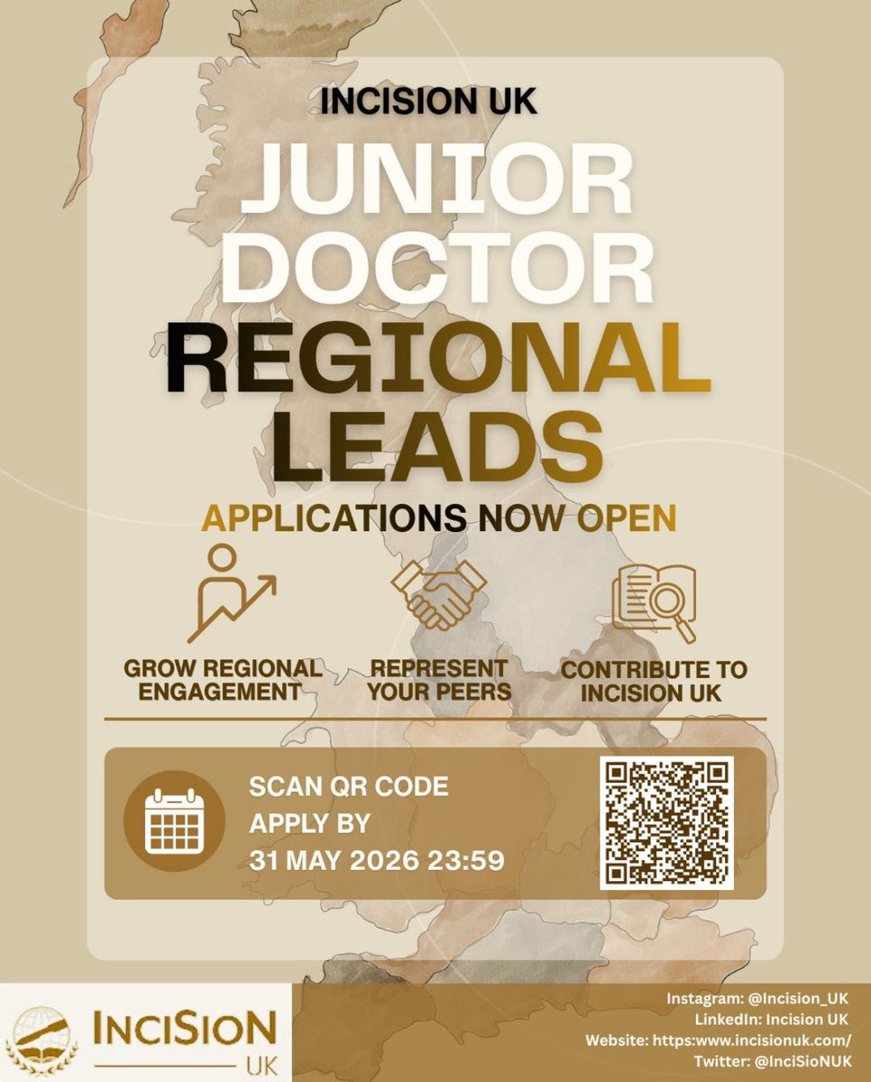 InciSioNUK's tweet photo. Junior Doctor Regional Leads applications now open! 

Why should you join the InciSioN UK committee?
📈 Grow regional engagement 
🤝 Represent your peers
✅ Contribute to Incision UK

‼️Application deadline: 23:59 31st May 2026

Link in bio: https://t.co/FROzEMWgw2 https://t.co/2fyH2WYmIr
