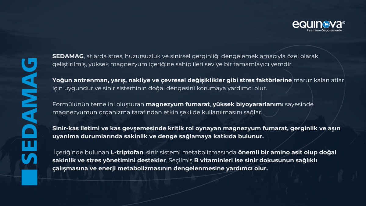 AkcanVitamin's tweet photo. Sakin ZİHİN, Dengeli PERFORMANS.

Equinova® SEDAMAG

⚡ Magnezyum Fumarat ile kas &amp; sinir sistemi fonksiyonlarını destekler
🧬 L-Triptofan ile stres yönetimi ve sakinliği desteklemeye yardımcı olur

#SEDAMAG #Equinova #Magnezyum #LTriptofan #AtSağlığı #StresYönetimi https://t.co/bdgaAQdV4q