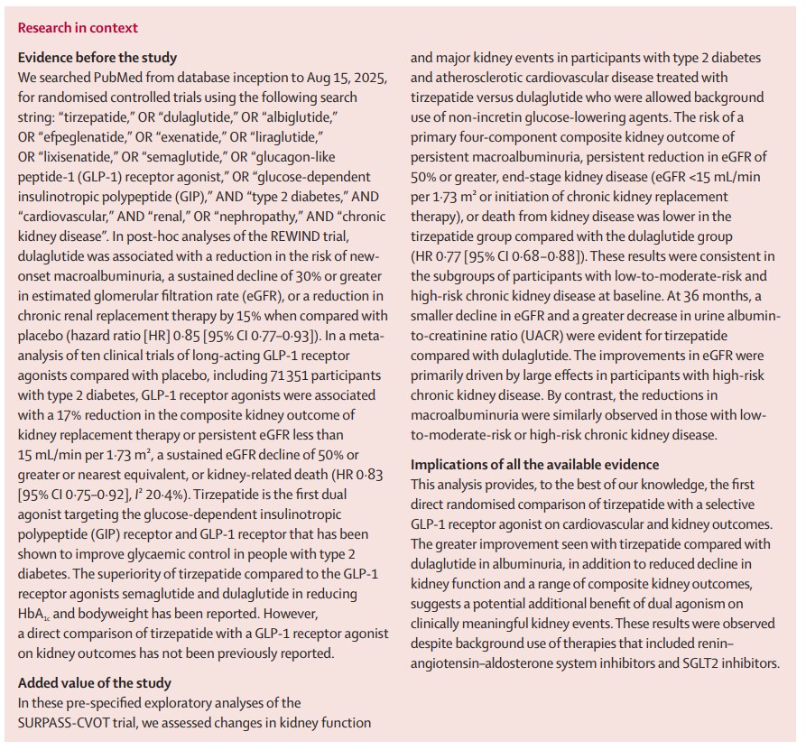 TheLancetEndo's tweet photo. Online—A comparison of the effects of #tirzepatide and dulaglutide on major #kidney events in people with type 2 #diabetes: pre-specified exploratory analyses of the SURPASS-CVOT trial https://t.co/uPTS3px58q  #T2D 
#OpenAccess https://t.co/cA7xwZfiIG