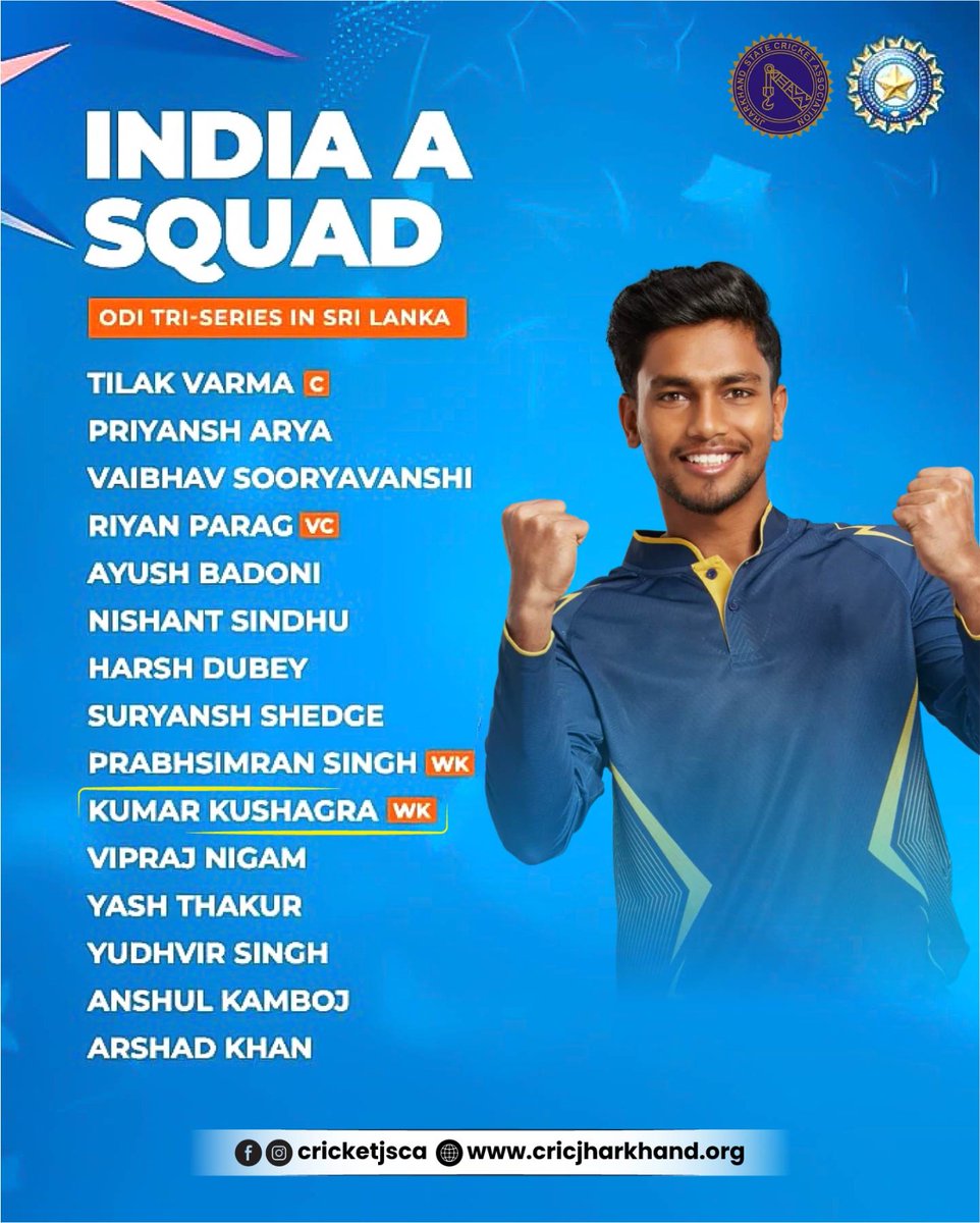 cricketjsca1's tweet photo. Heartiest congratulations to Jharkhand’s pride, Kumar Kushagra, on his selection in the India A squad for the ODI Tri-Series in Sri Lanka. https://t.co/EofqdvaeVR