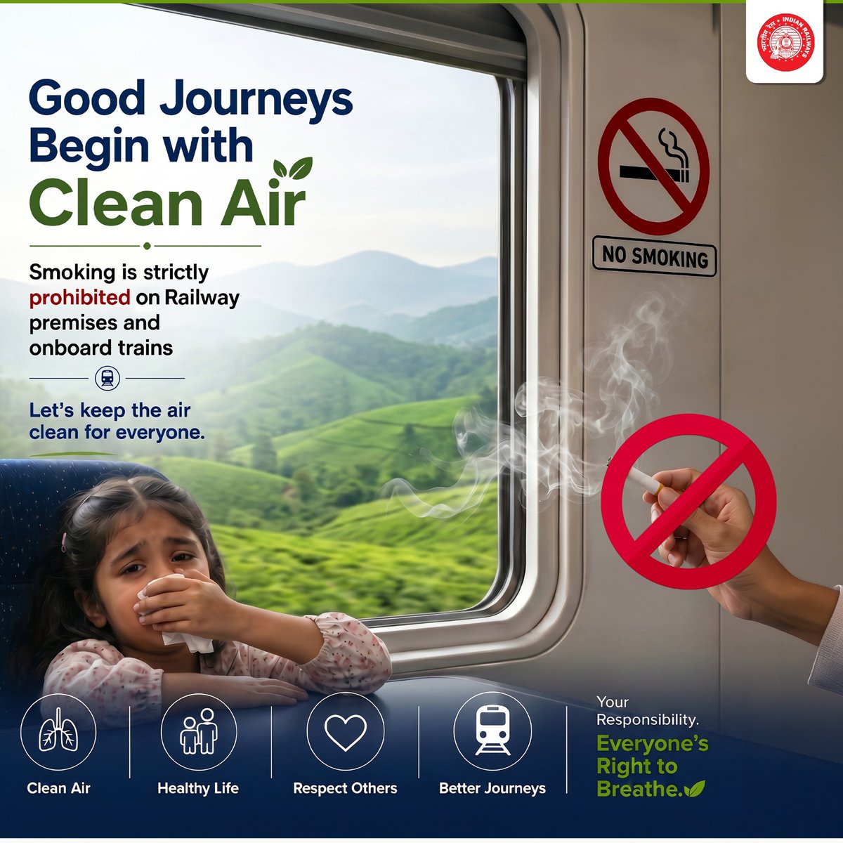 RailMinIndia's tweet photo. From children to senior citizens, every passenger deserves a journey with clean, breathable air. Be a #ResponsibleRailYatri and help keep train travel safe and comfortable for all. https://t.co/BlIXj3sNGC