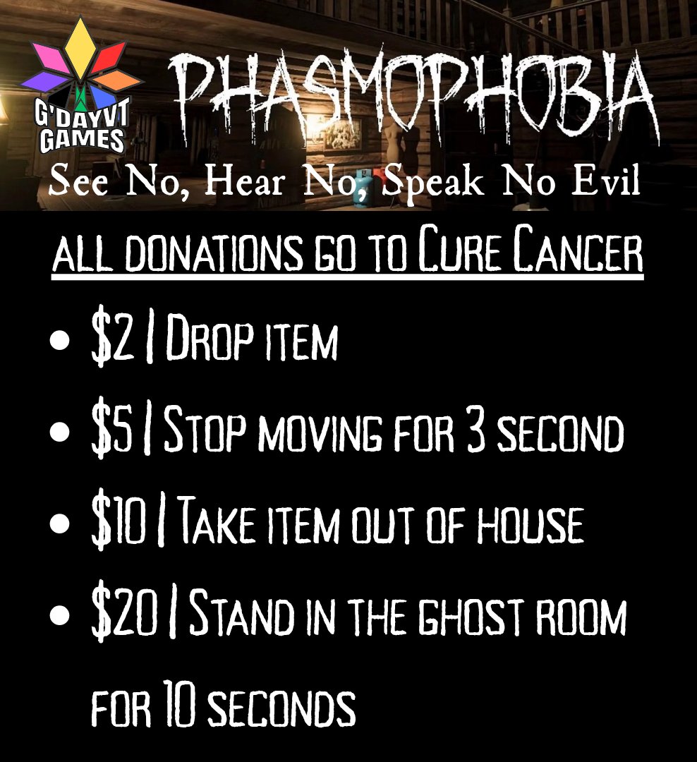 gdayvt's tweet photo. ✨️G'DayVT Games Round 2✨️
Phasmophobia - Hear No, Speak No, See No Evil

Our teams will have to identify the good but one can not see, one can not hear and one can not speak!

And if that is not hard enough they have incentives to mess with their game further with all proceeds going to @CreatorsBAS 's initiative towards Game on Cancer

Check out the teams and their individual stream over the weekend!

The *Best Bits* and results will be streamed to G'DayVT at a later date!