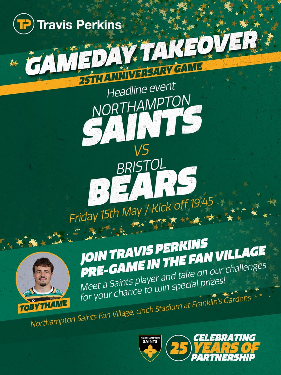 TravisPerkinsCo's tweet photo. Heading to the Northampton Saints VS Bristol Bears game tomorrow?

Swing by our stand in the fanzone as we celebrate our 25‑year sponsorship with the club. You can meet Saints player Toby Thame, take on some challenges, and get the chance to win some great prizes!

@SaintsRugby https://t.co/Huedyq5Ia5