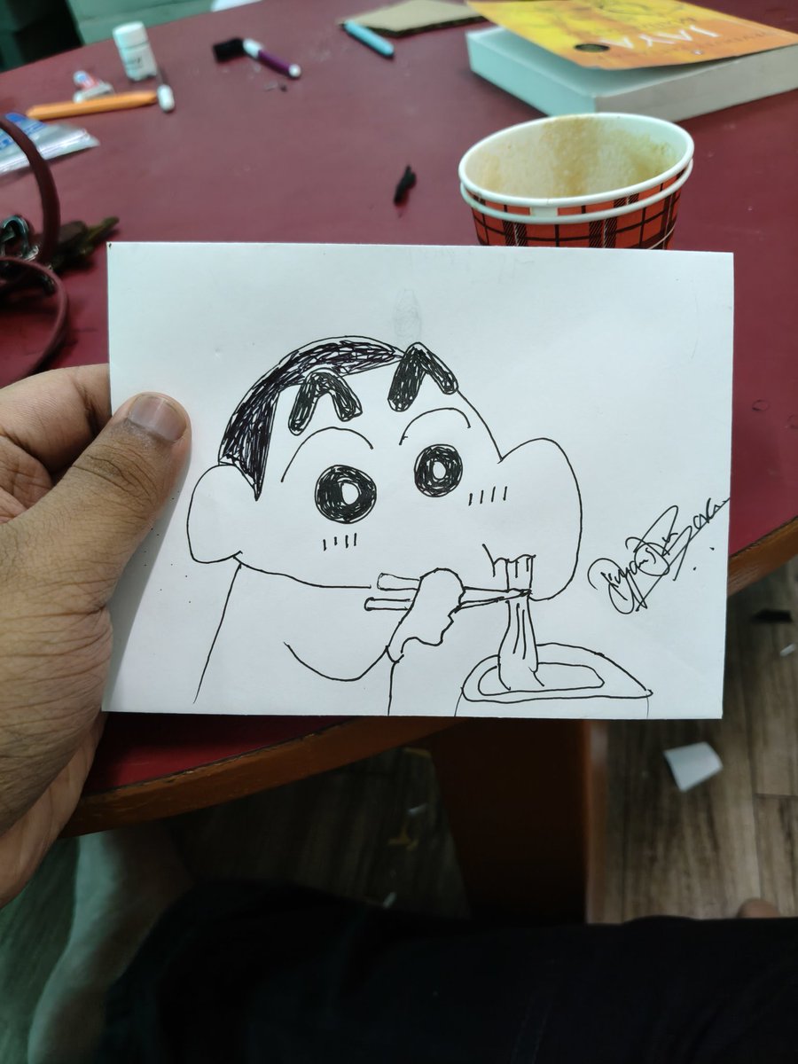 divyanshubora's tweet photo. You have decided to draw a sketch of "shinchan eating ramen" in a time span of 5 minutes to not get bored in the break of an hour. 
Perks of sitting in the creativity room, to be very honest. 😏 @TezpurUniv

@shinchan_cinema 
#shinchan https://t.co/kQENMZa70n