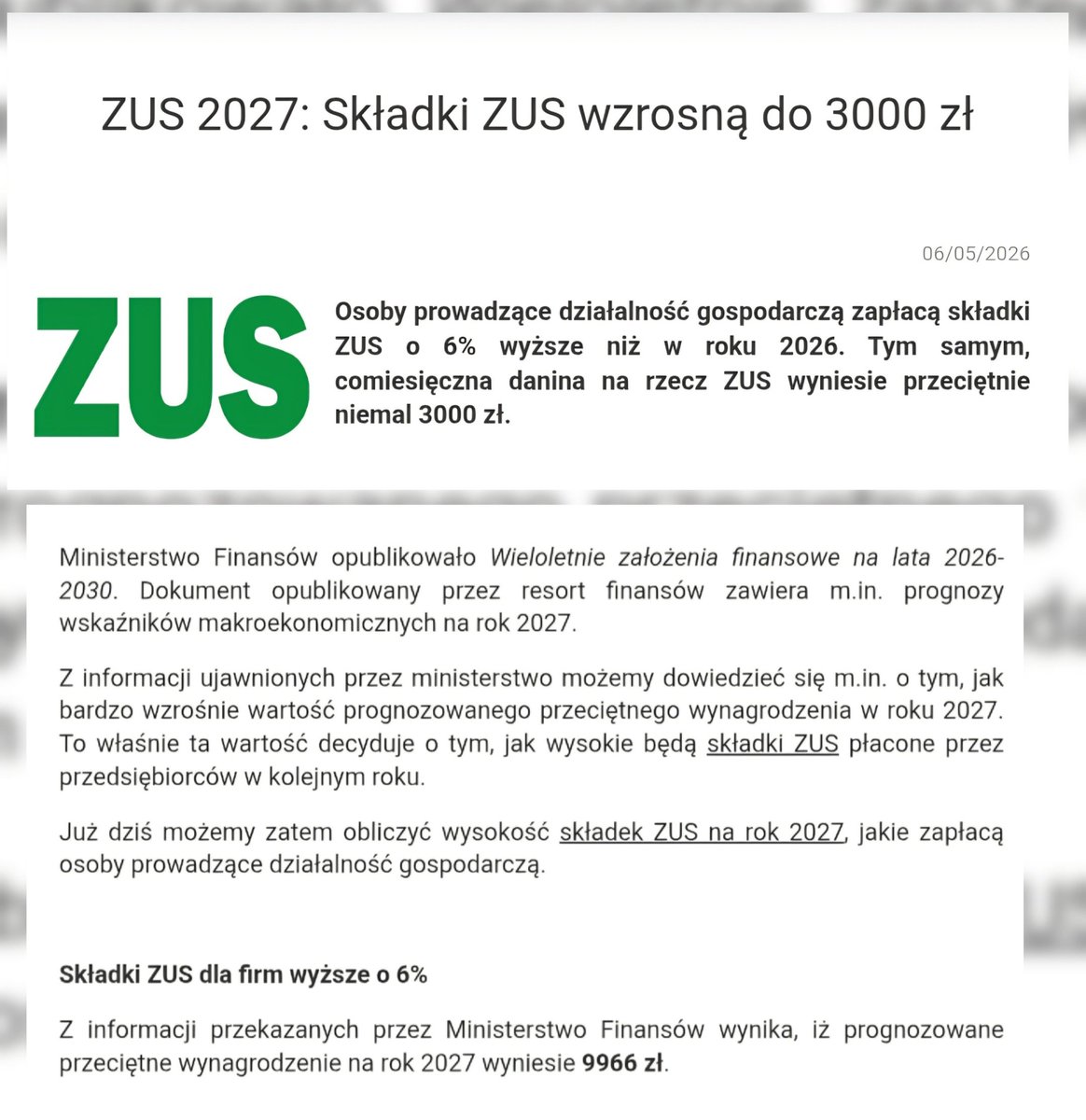 JBanasiakRN's tweet photo. Świetna wiadomość dla przedsiębiorców  ZUS w 2027 prawie 3000 zł miesięcznie. Czyli niezależnie od tego, czy firma zarobi, czy nie, państwo już swój abonament premium skasuje. Jeszcze kilka takich podwyżek i prowadzenie działalności będzie ekskluzywnym hobby dla najbogatszych. https://t.co/Vv9qq9PpQd