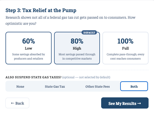 andrew_lautz's tweet photo. New &amp; improved version of our gas tax calculator now on @BPC_Bipartisan's website (link in next tweet)! New features include:

- Option to suspend your state gas taxes/fees &amp; see the potential savings (left)
- Social sharing card (right) with your savings vs. the run-up in prices https://t.co/2YrJrXpDzM