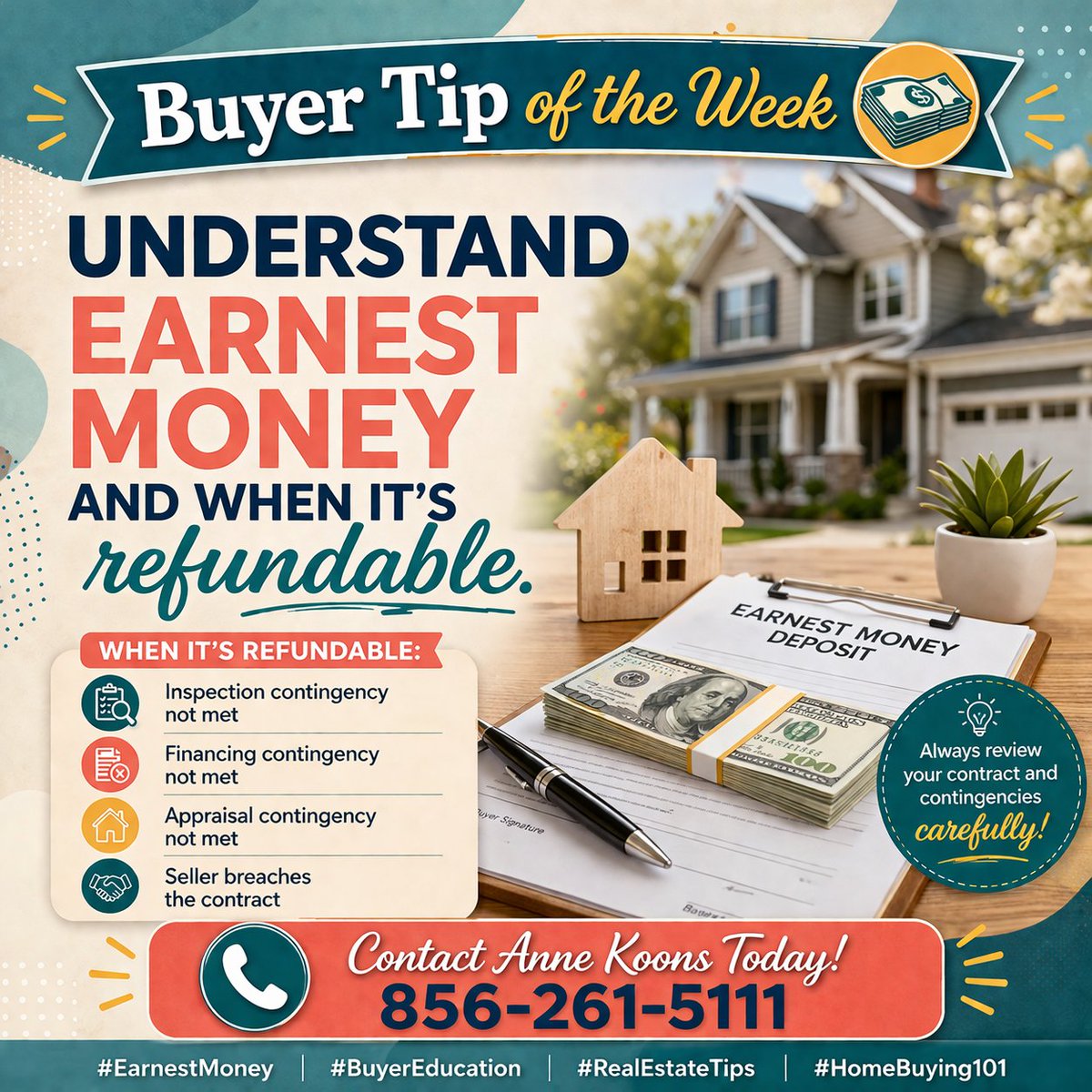 AnneKoons's tweet photo. Buyer Tip of the Week 💵
Understand earnest money and when it’s refundable.
📞 Contact Anne Koons Today at 856-261-5111
#EarnestMoney #BuyerEducation #RealEstateTips #HomeBuying101 https://t.co/BlhhWFDiyW