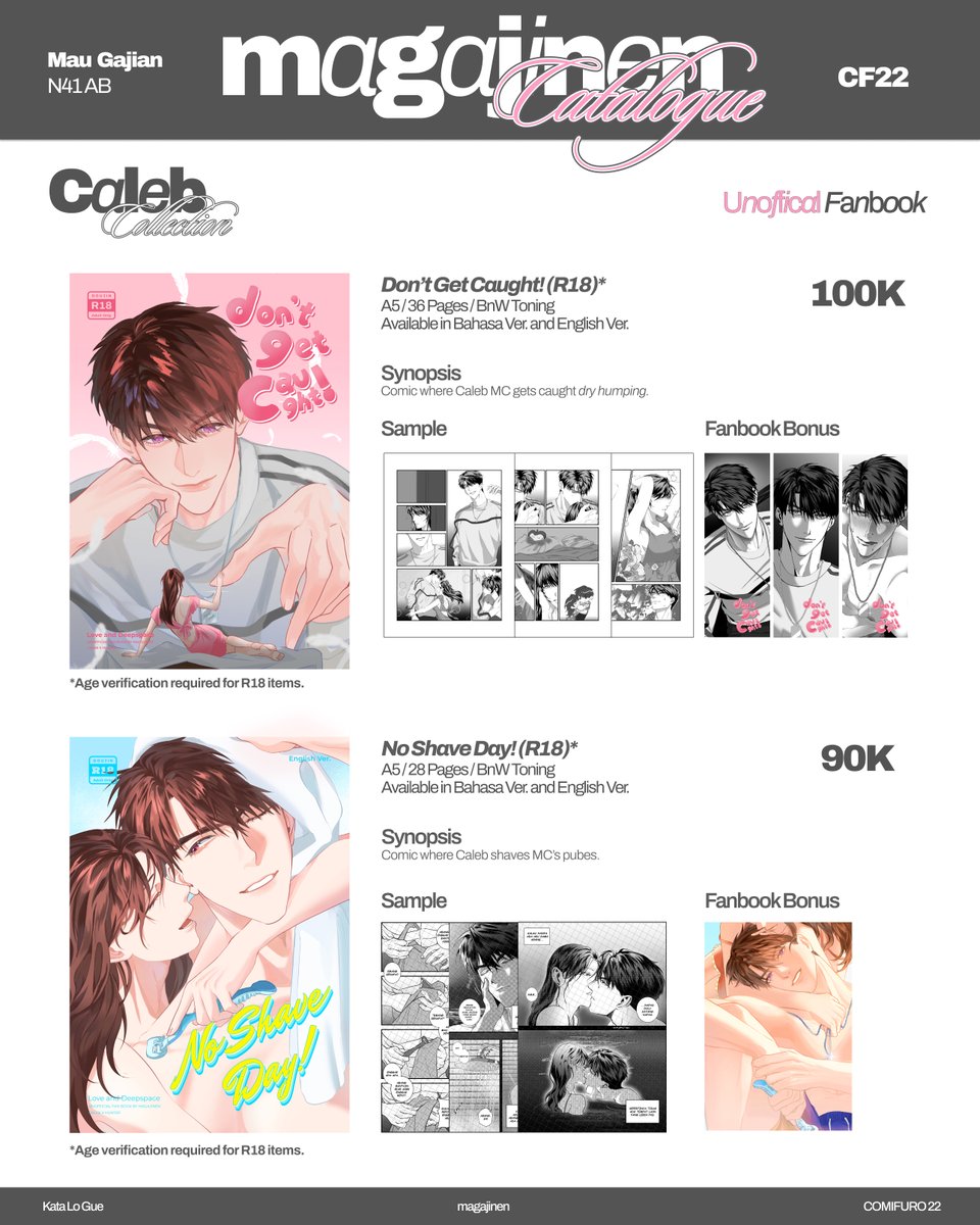 magajinen's tweet photo. 𐔌🩷+🔁 appreciated 𐦯

@magajinen’s #cf22 OTS catalogue is here 

⤷ LADS Caleb focusedˎˊ˗  

♡ Mau Gajian - N41 AB
♡ Both days.ᐟ 
♡ preferred payment: CASH

see you there!🍎🍏 (2/4) #cf22catalogue https://t.co/1dIiPsoxNS