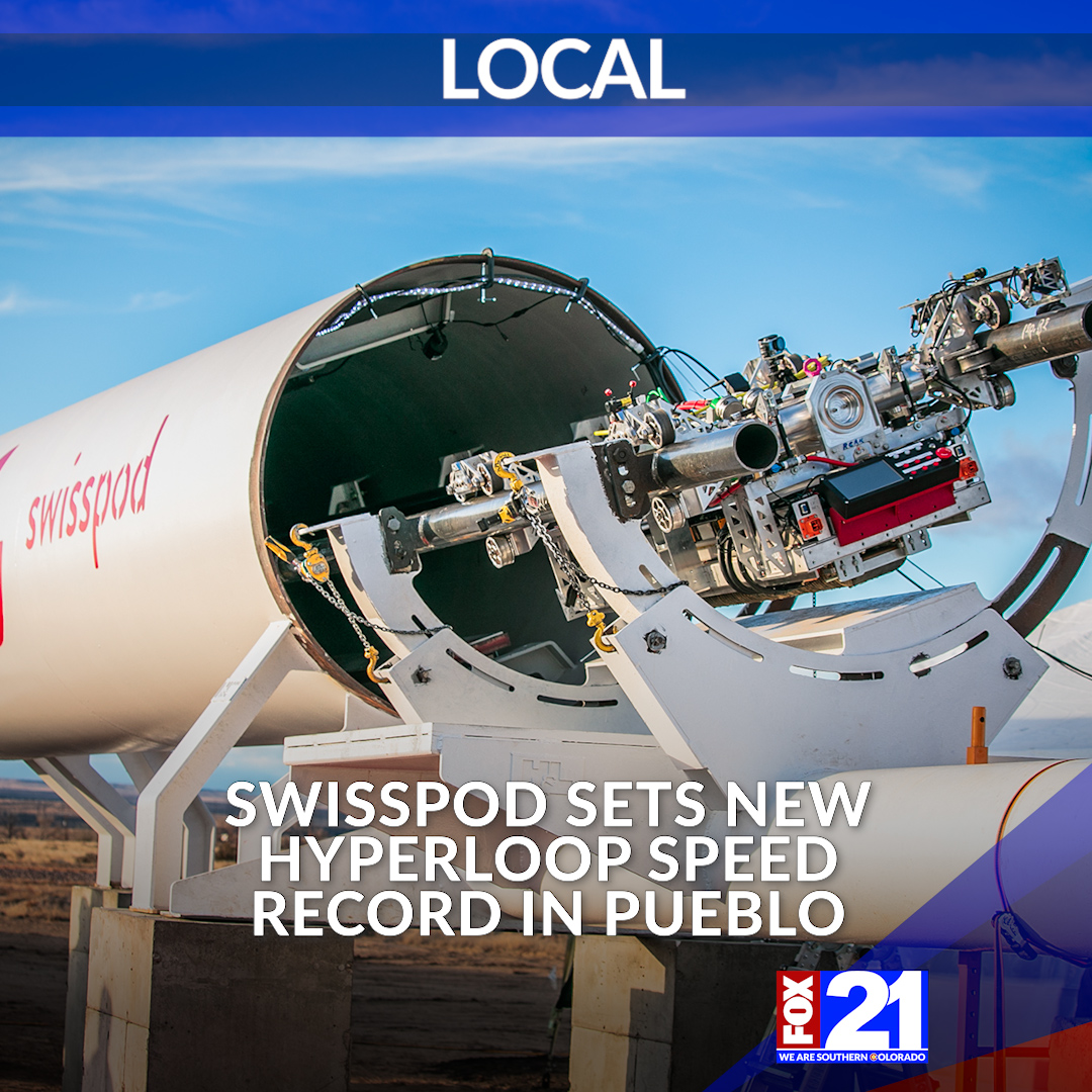 FOX21News's tweet photo. Swisspod, a company developing hyperloop technology in Pueblo, said it has set a new world speed record for hyperloop and is beginning development on a new hyperloop capsule. https://t.co/I3WyVl4MV8