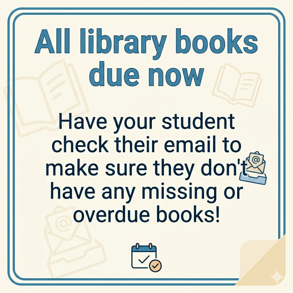 SchooMiddle's tweet photo. All library books due now- have your student check their email to see if they have any missing or overdue books!" https://t.co/gkwik9R1Ha