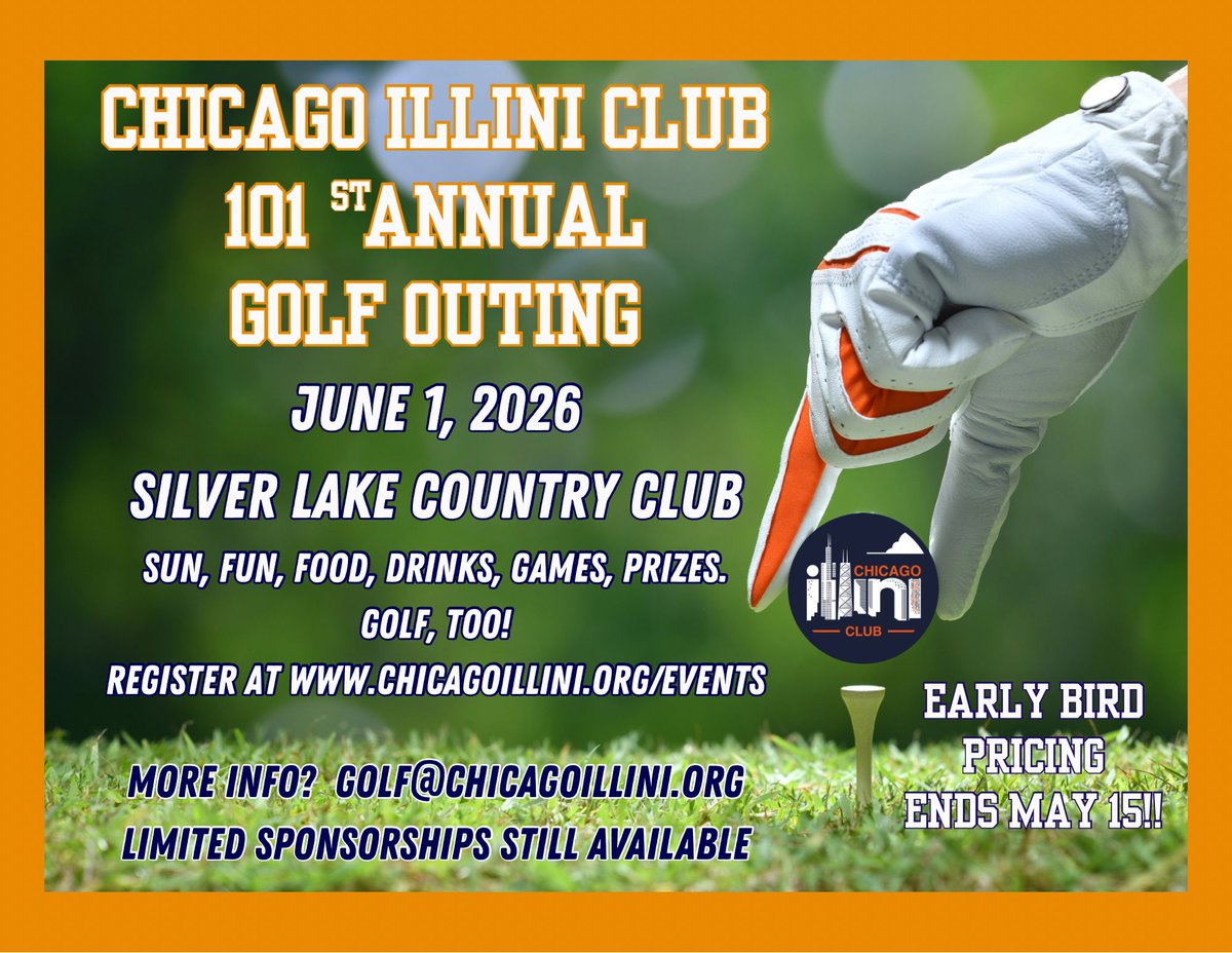 ChicagoILLINI's tweet photo. ⛳️ Join us for the Chicago Illini Club’s 101st Annual Golf Outing on June 1, 2026, at Silver Lake Country Club!

Early bird pricing ends tomorrow.  

Register or become a sponsor: https://t.co/CJPhkoEt7a
Email golf@chicagoillini.org for more details https://t.co/LVEd5UOyyV