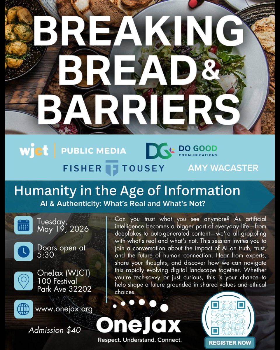 OneJax's tweet photo. Join us on May 19 for Breaking Bread &amp; Barriers: Humanity in the Age of Information. This event invites participants into thoughtful, respectful dialogue about how technology, media, and artificial intelligence are influencing the way we connect. Register: https://t.co/6ex6XcJiIG https://t.co/wJnpNymxR6